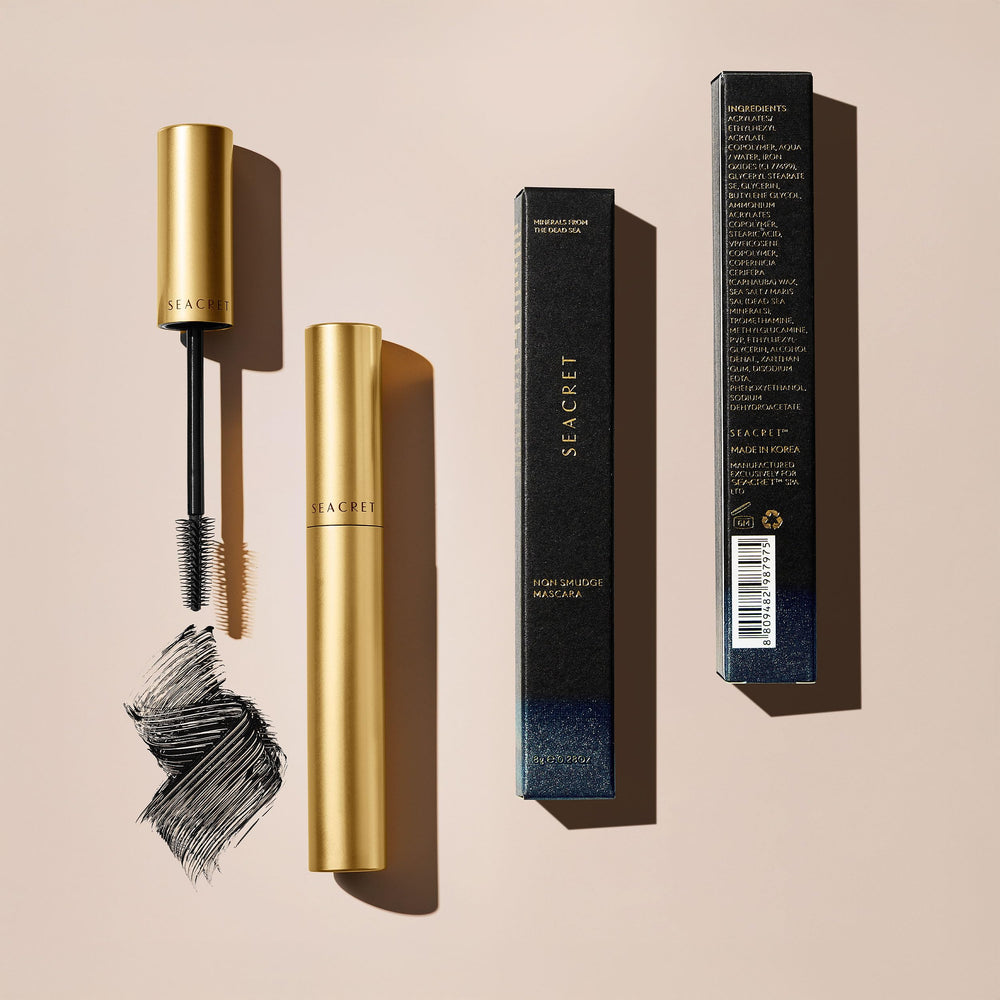 SEACRET mascara swatch on skin shows rich black pigment and even payoff.