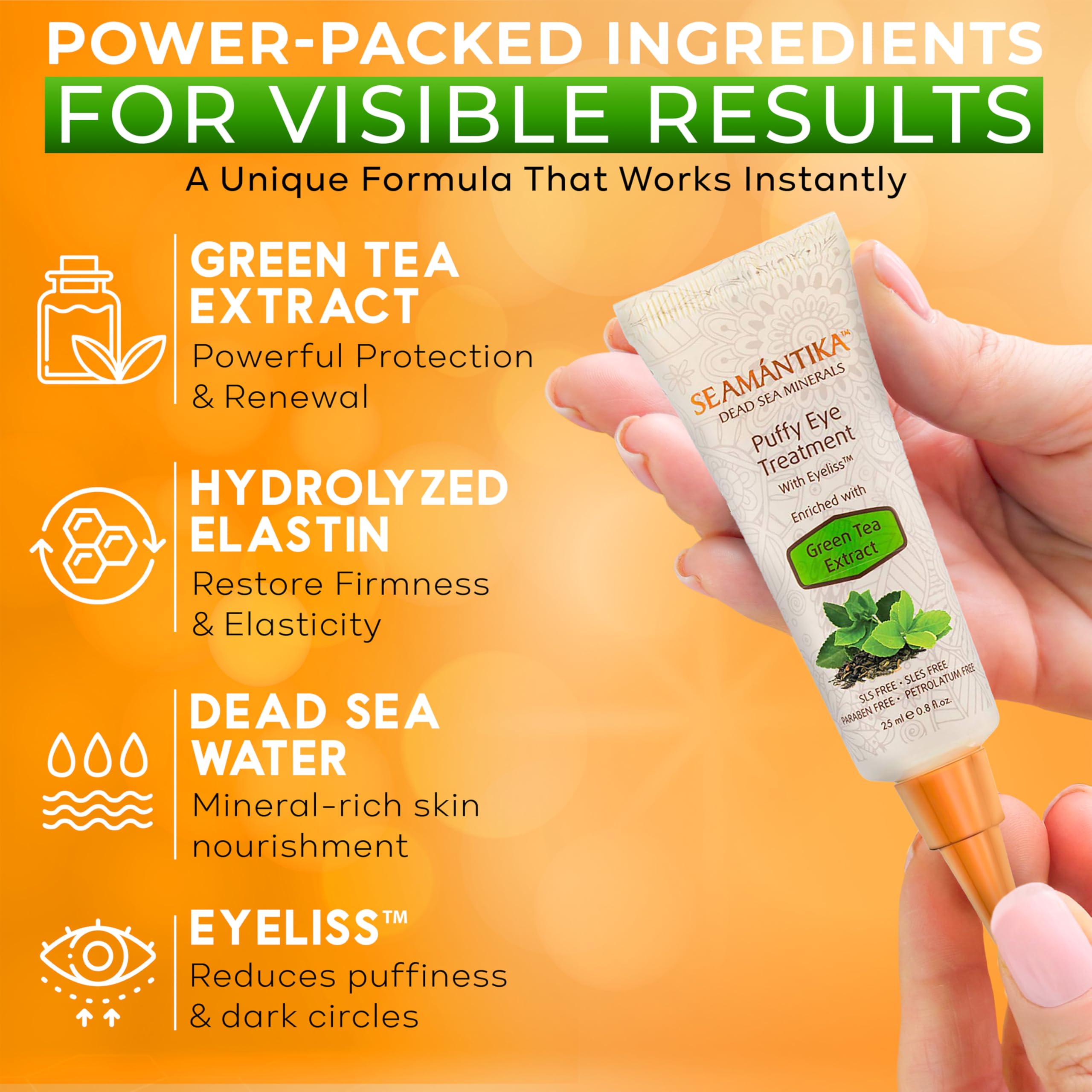 SEAMANTIKA Puffy Eye Cream being dabbed under-eye for quick absorption.