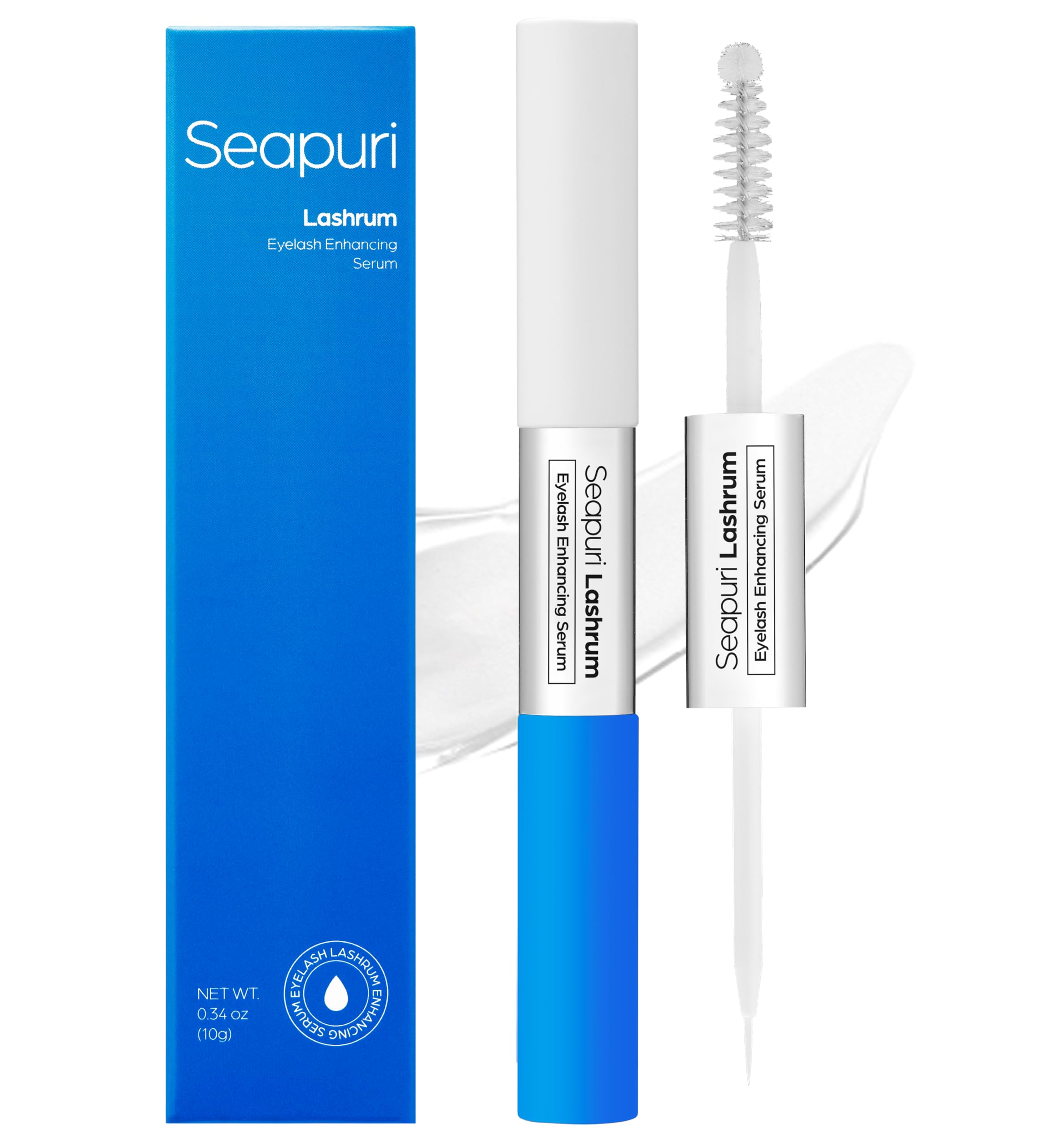 Seapuri Lashrum serum bottle closeup shows premium lash care.