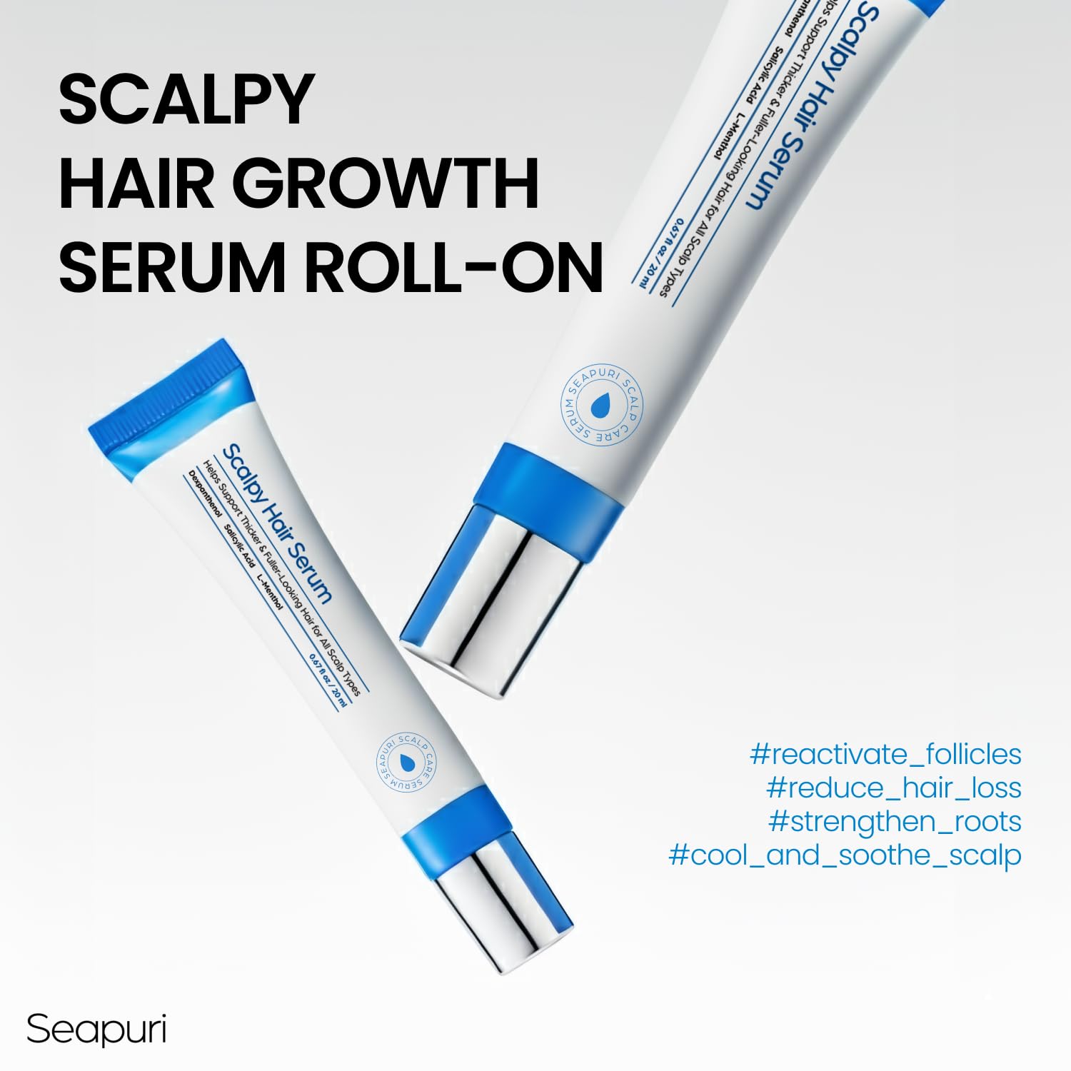 Seapuri Scalpy serum drop on scalp—cooling sensation boosts comfort during use.