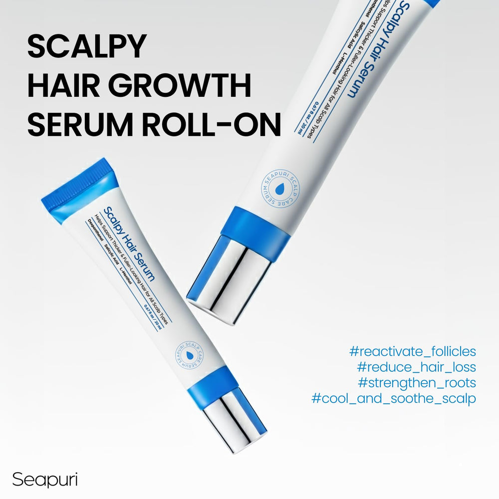 Seapuri Scalpy serum drop on scalp—cooling sensation boosts comfort during use.