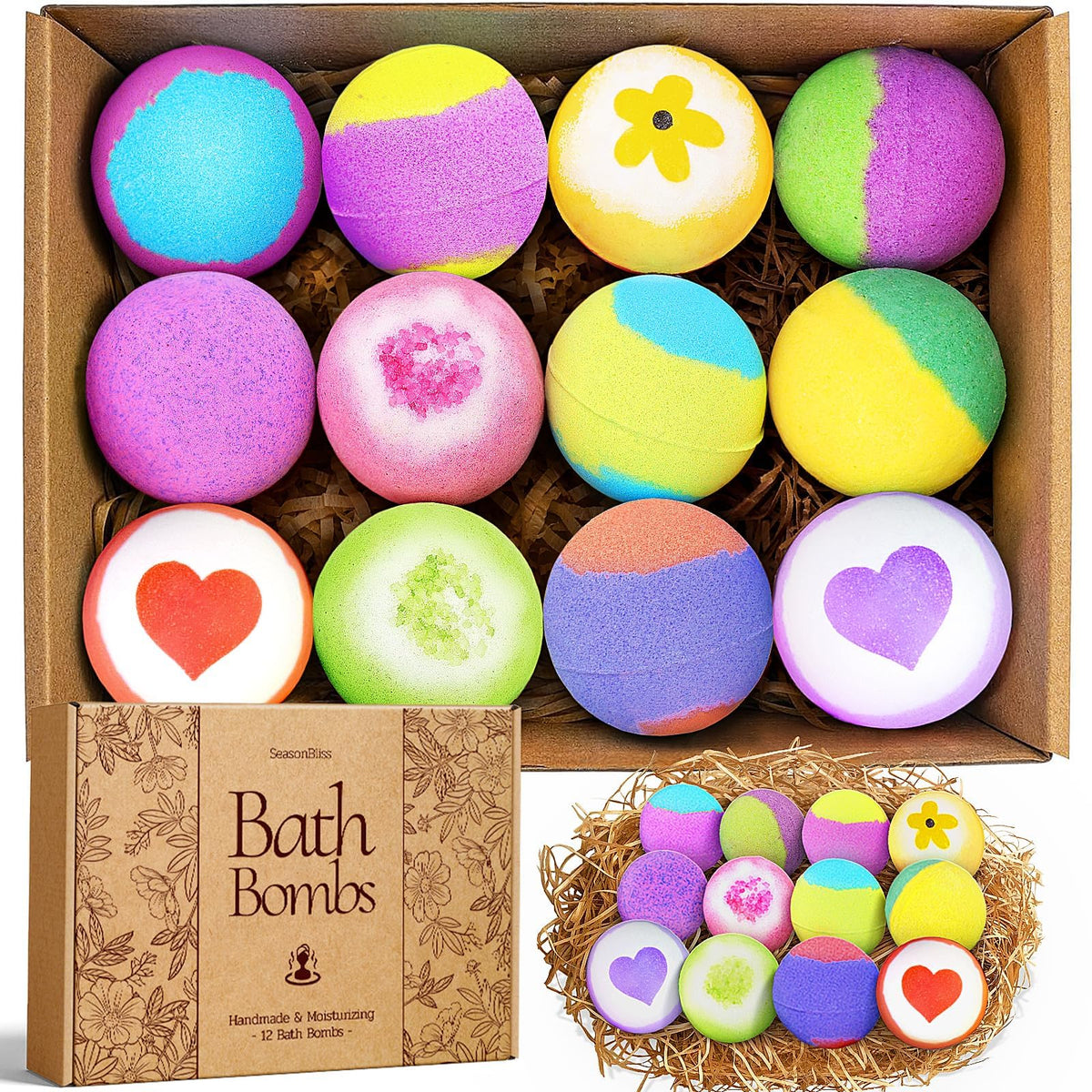 SeasonBliss bath bombs 12-fragrances pack offering varied scents for a relaxing soak.