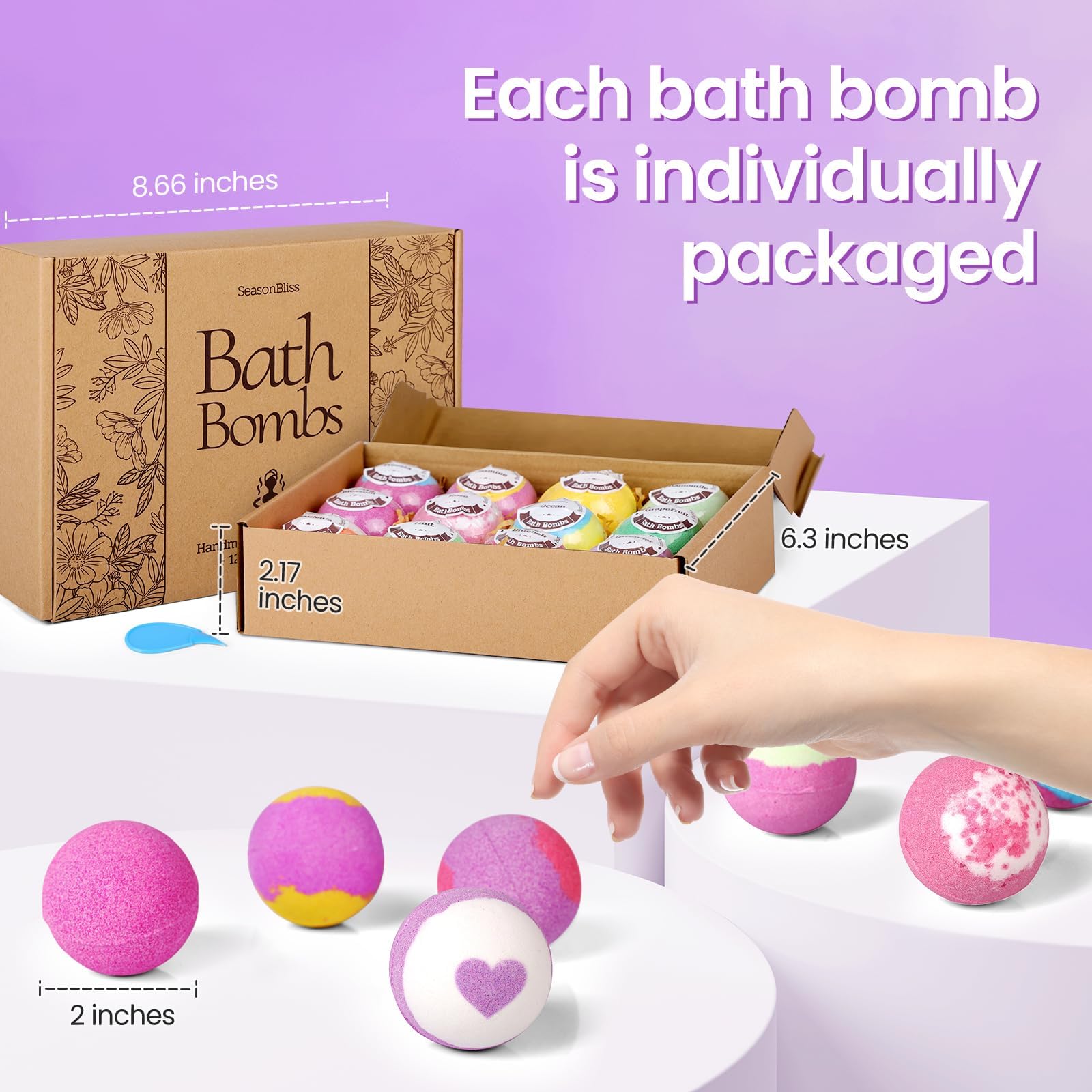 SeasonBliss individually wrapped bath bombs in bright colors for a playful, fragrant bath.