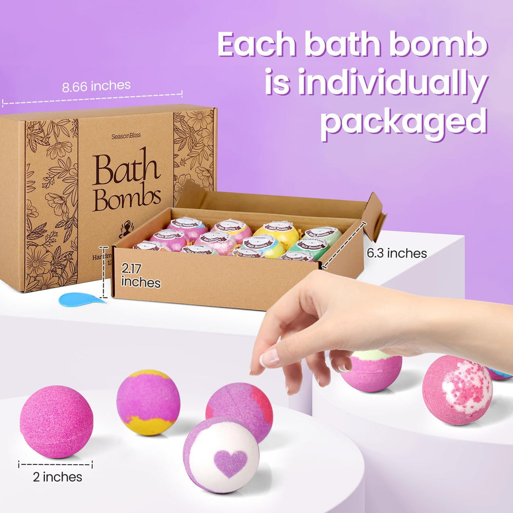 SeasonBliss individually wrapped bath bombs in bright colors for a playful, fragrant bath.