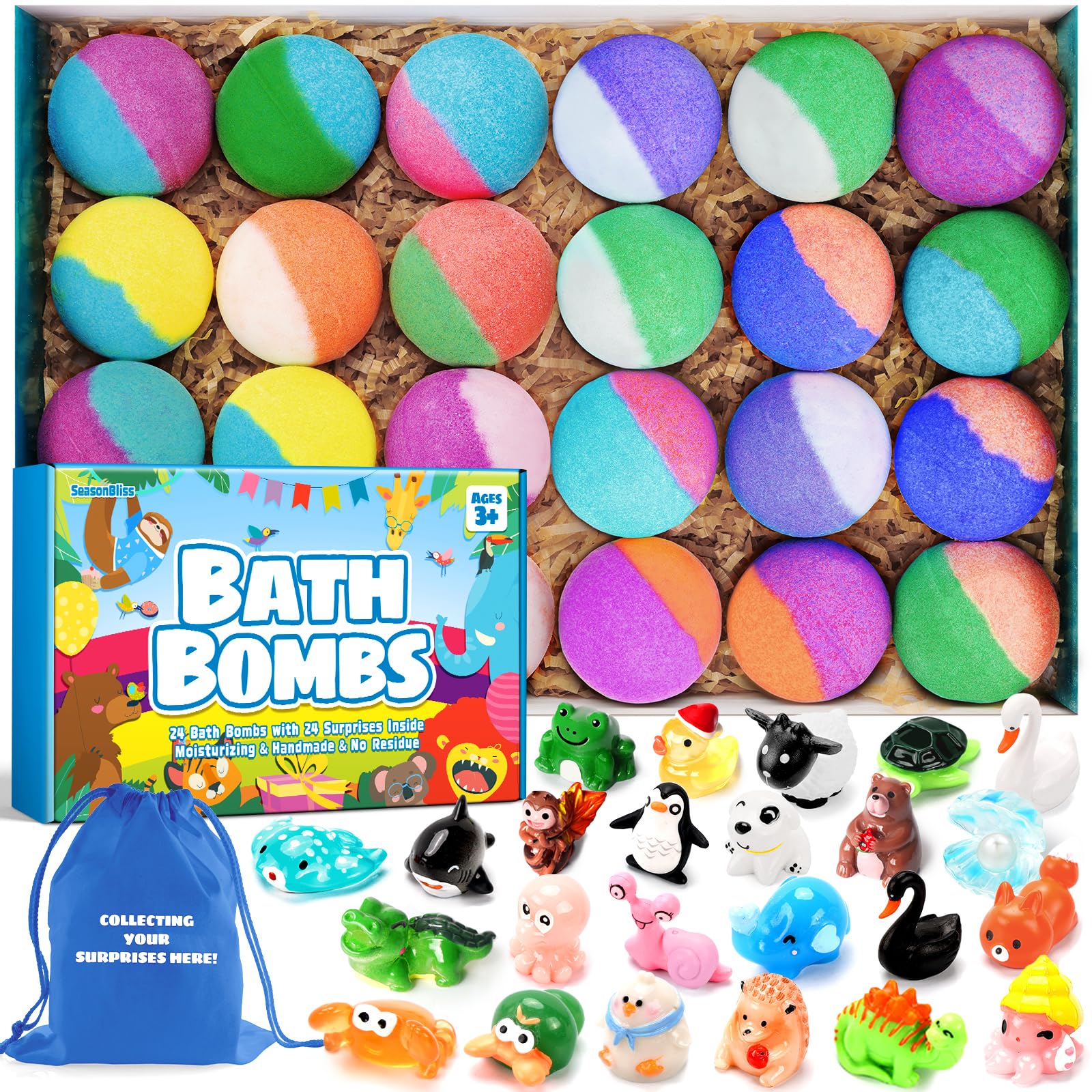 SeasonBliss bath bomb with surprise ball inside reveals collectible toy during bath.