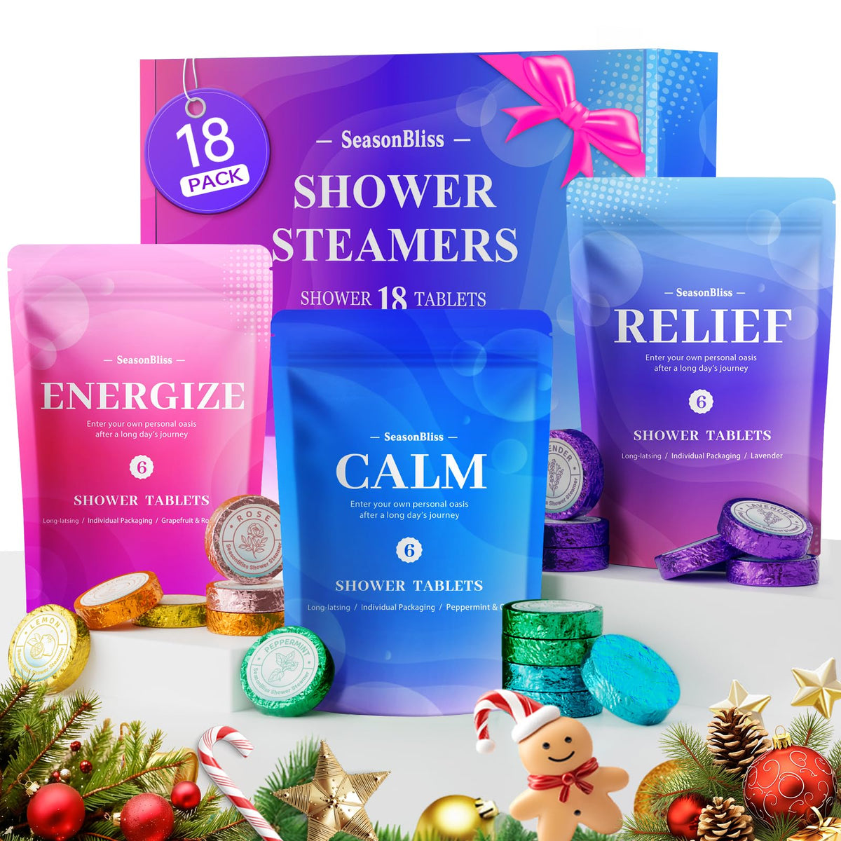 SeasonBliss shower steamers set on the box for a spa-like shower experience.