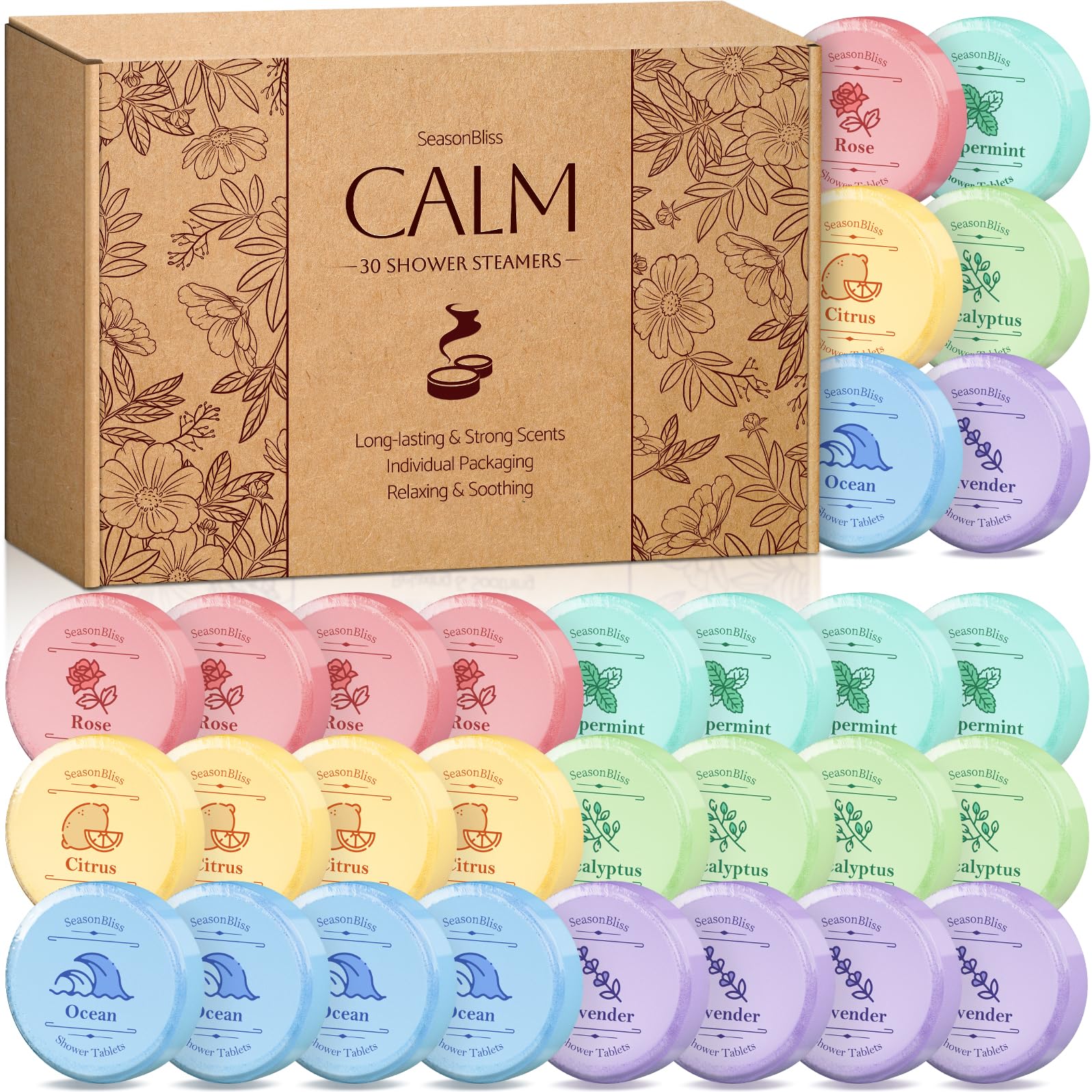 SeasonBliss 30-pcs-pack shower steamers ready for use in a refreshing routine