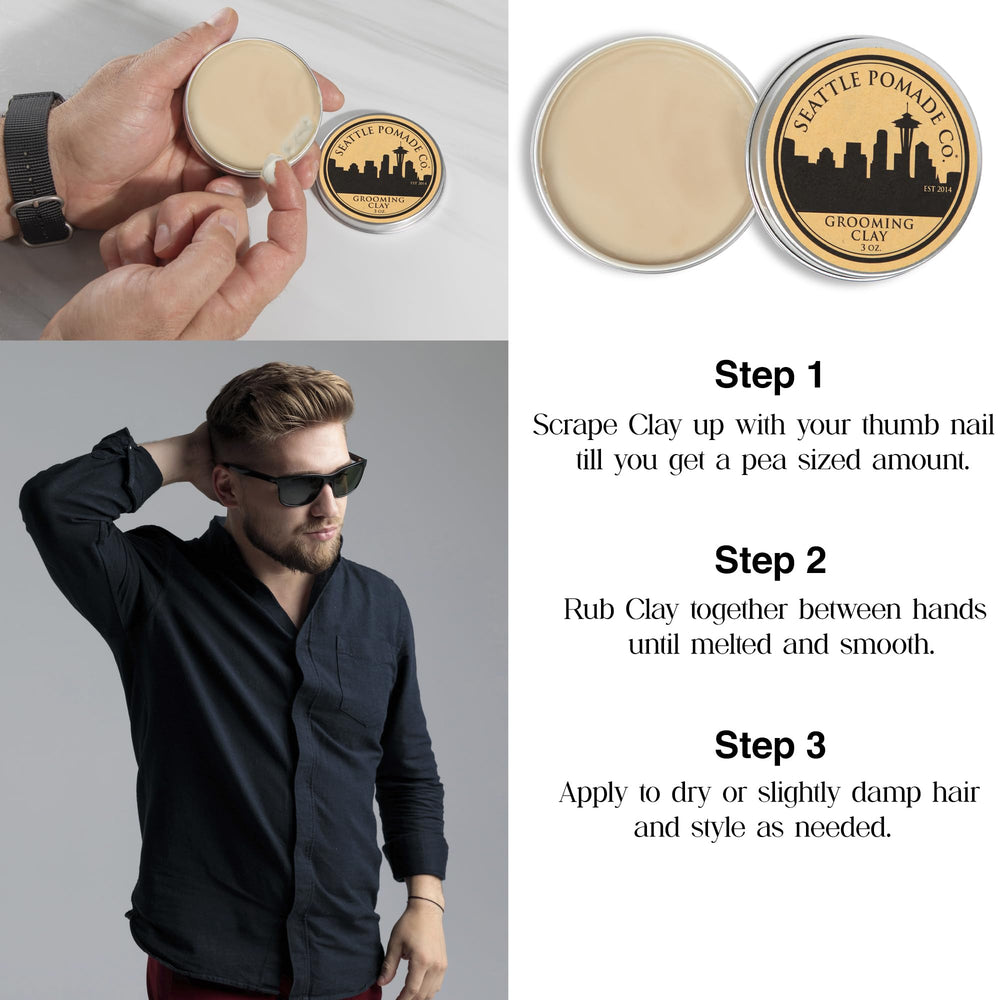 Seattle Pomade Co. Grooming Clay hands-application captures flexible texture ideal for shaping.
