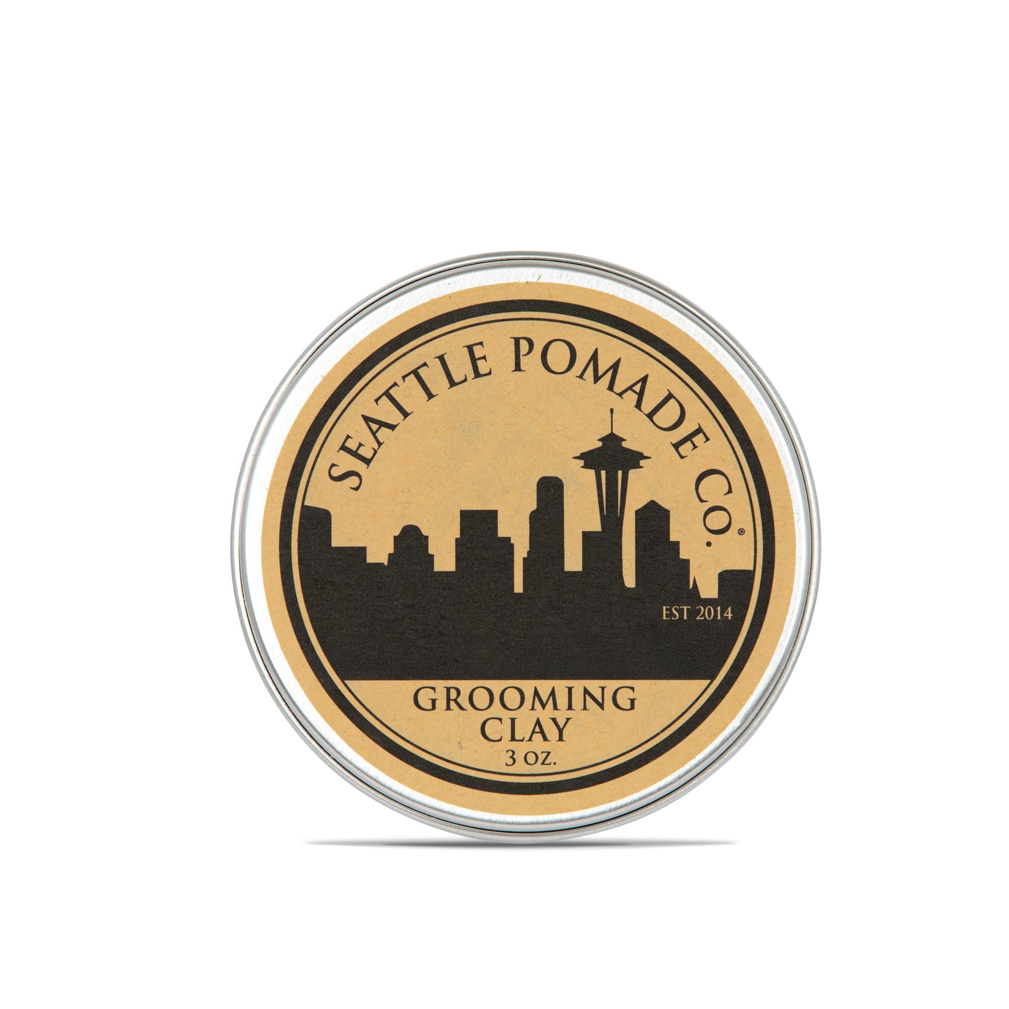 Seattle Pomade Co. Grooming Clay jar closeup shows beeswax-based hold for all-day manageability.
