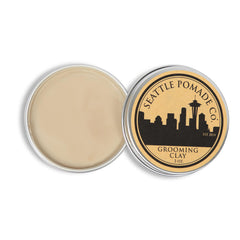 Seattle Pomade Co. Grooming Clay organic-ingredients highlights natural, chemical-free styling with shea butter.