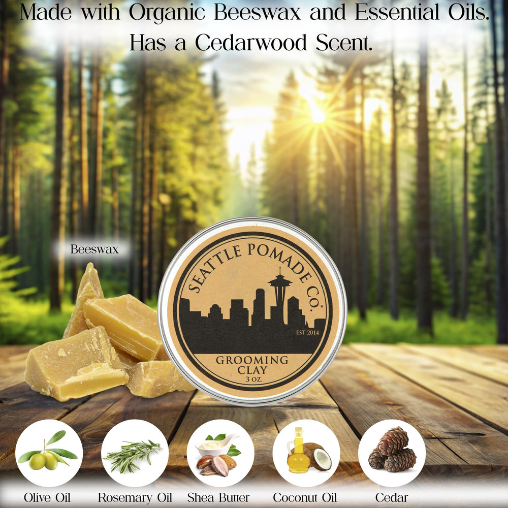 Seattle Pomade Co. Grooming Clay semi-matte-finish demonstrates subdued shine for versatile looks.