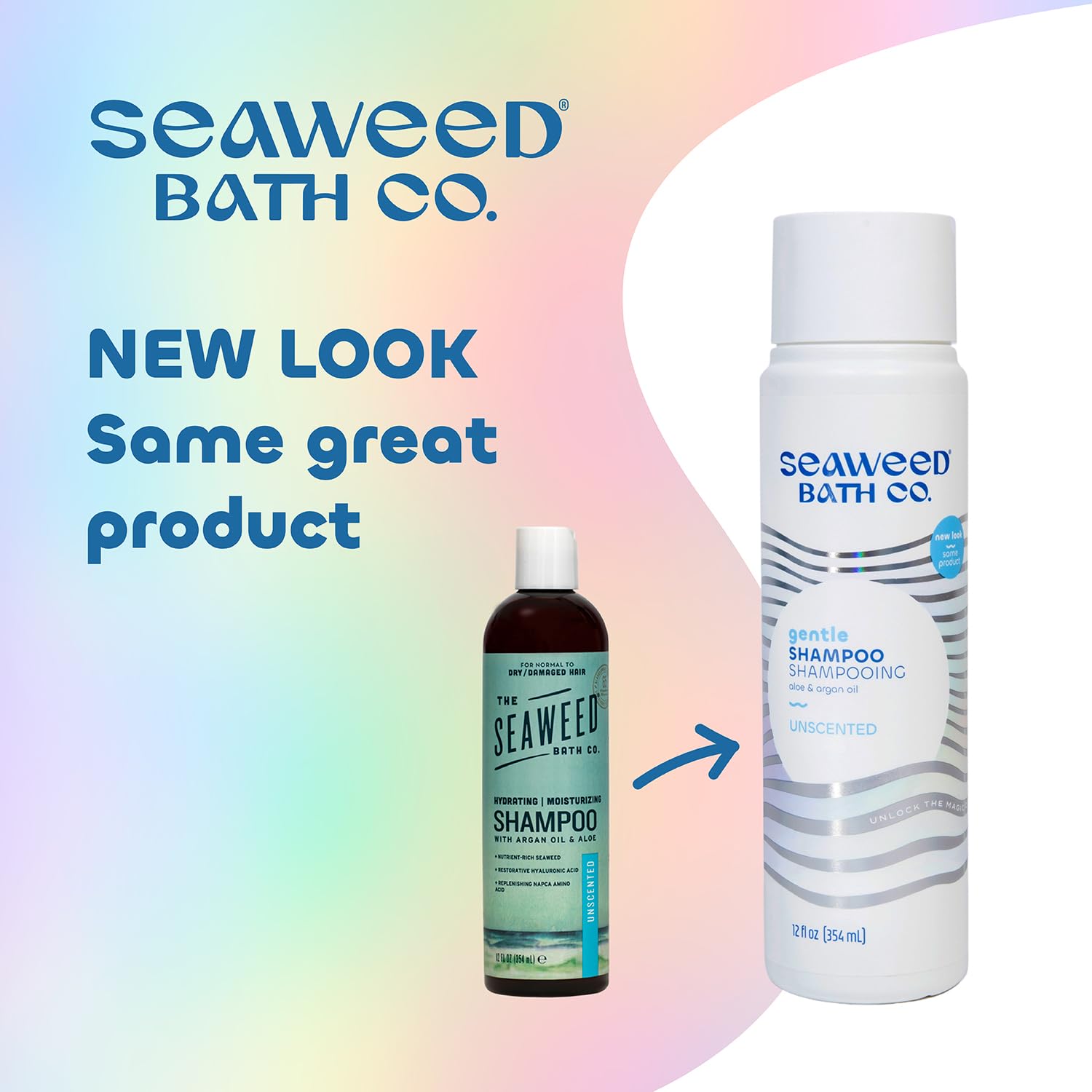 The Seaweed Bath Co. Gentle Shampoo label close-up highlighting sustainable Atlantic seaweed for eco-friendly care.