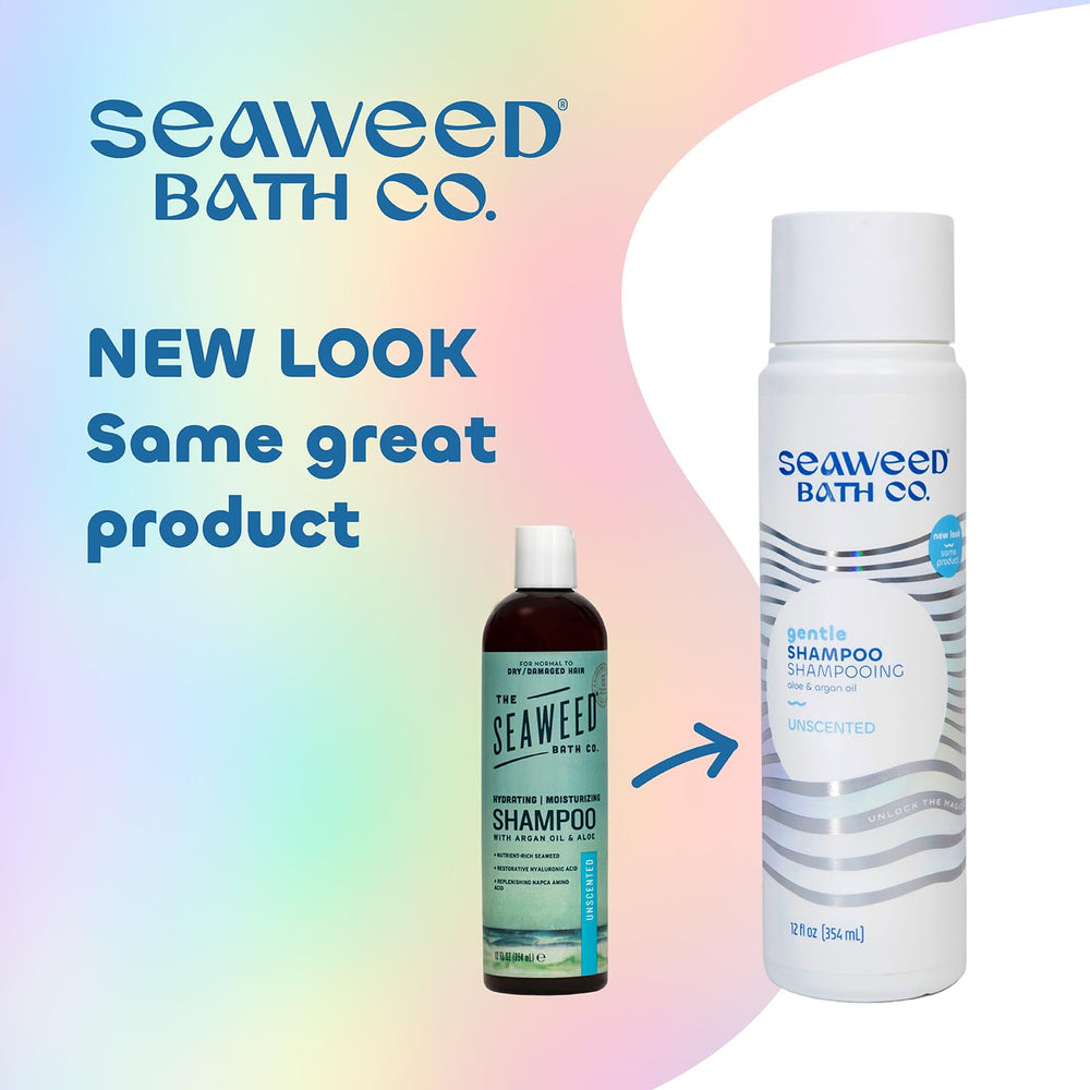 The Seaweed Bath Co. Gentle Shampoo label close-up highlighting sustainable Atlantic seaweed for eco-friendly care.