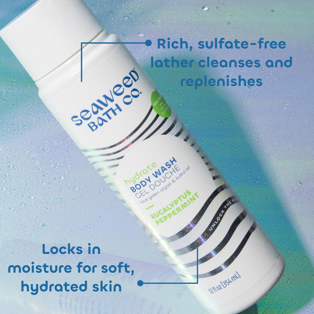 The Seaweed Bath Co. Hydrate ingredients seaweed kukui coconut oil closeup illustrates nourishing formulas.