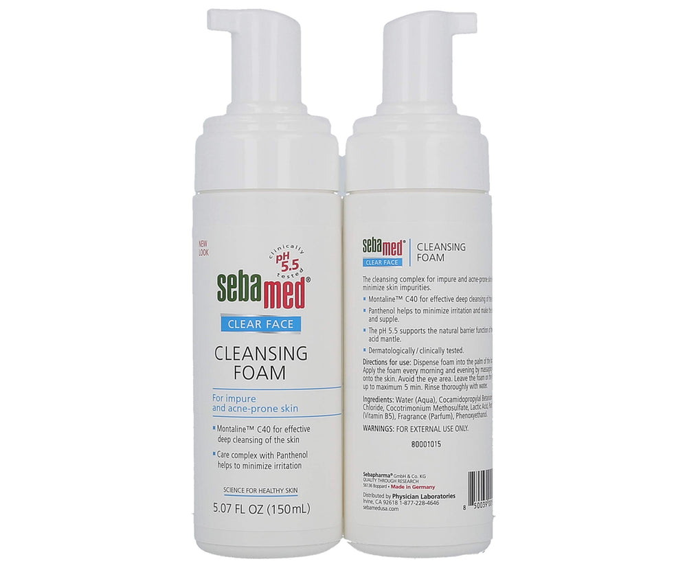 Sebamed Clear Face Foam foam closeup showing airy lather and gentle cleansing action.