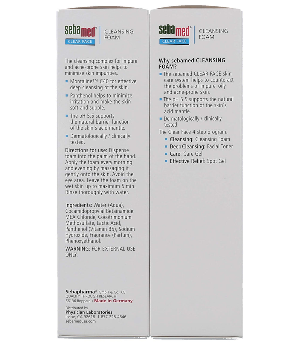 Sebamed Clear Face Foam label closeup highlights pH 5.5 formula for skin-friendly cleansing.