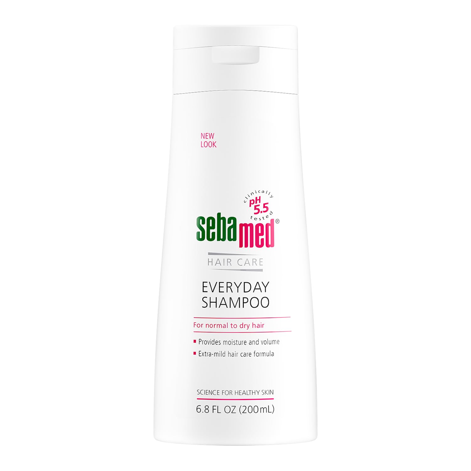 SEBAMED Everyday Shampoo bottle close-up showing gentle pH-balanced formula for sensitive scalp.