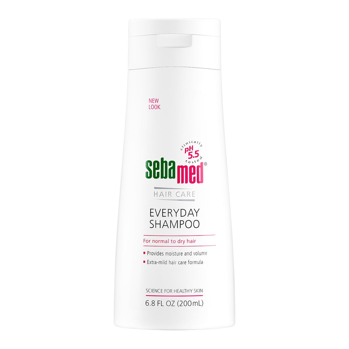 SEBAMED Everyday Shampoo bottle close-up showing gentle pH-balanced formula for sensitive scalp.