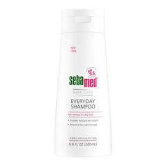 SEBAMED Everyday Shampoo bottle close-up showing gentle pH-balanced formula for sensitive scalp.