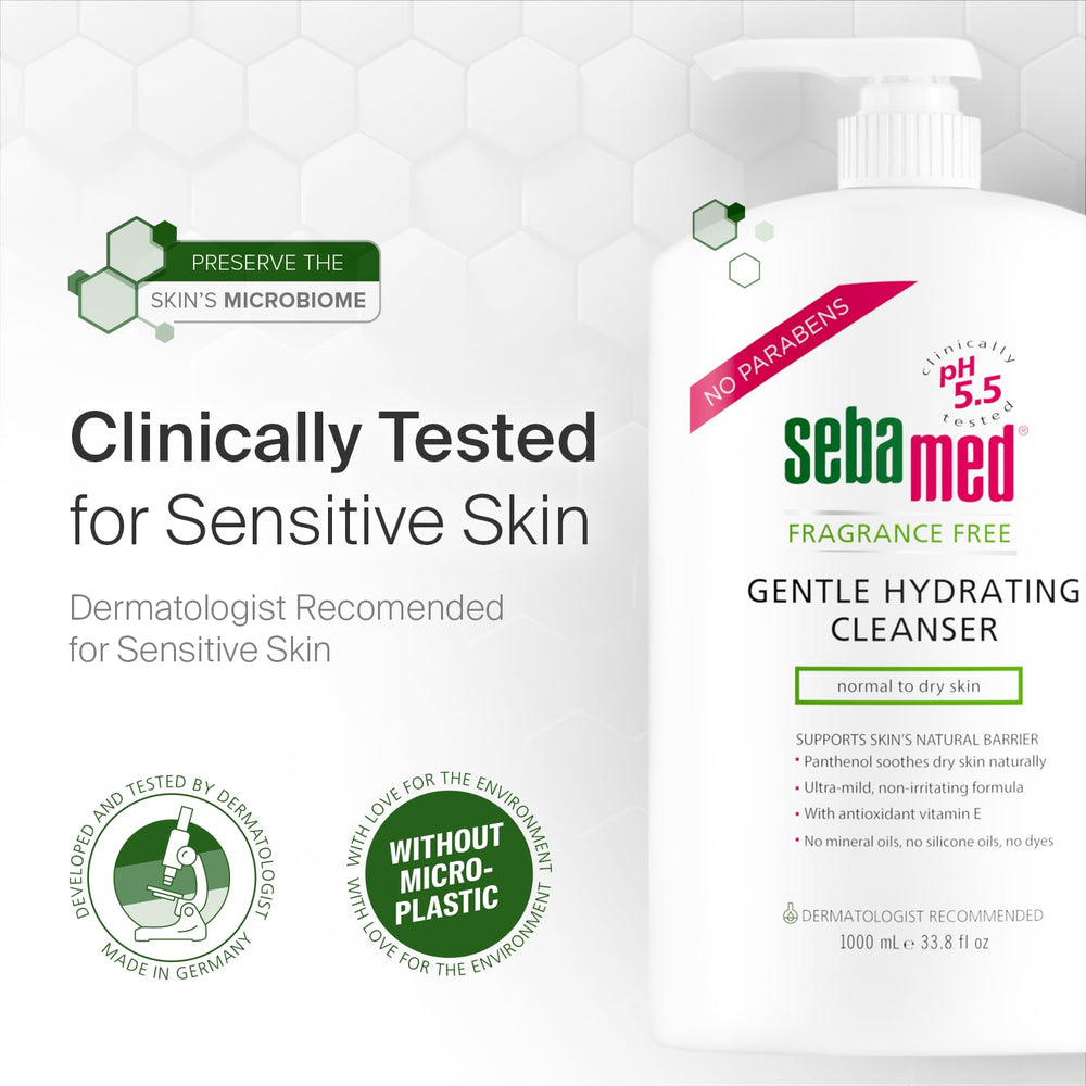 SEBAMED 1-liter packaging shown for long-lasting fragrance-free cleansing