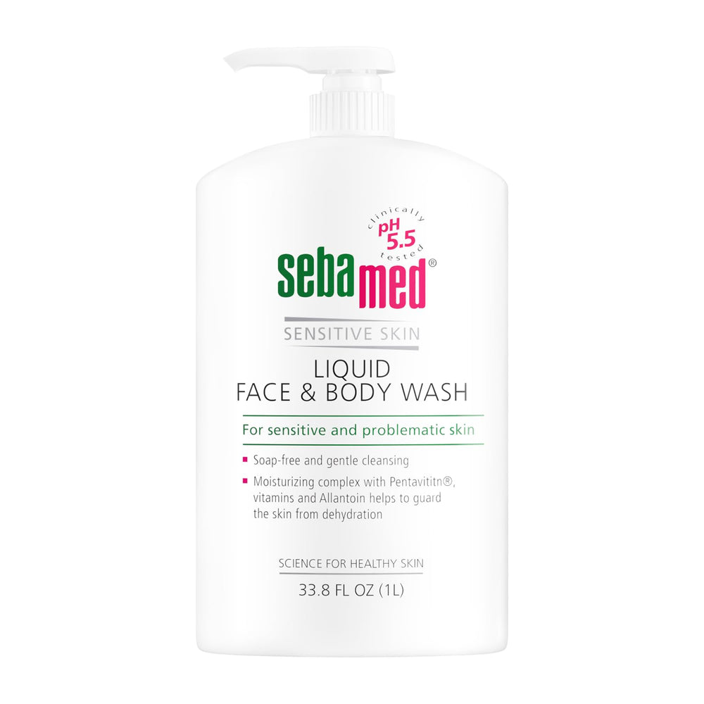 SEBAMED Liquid Face & Body Wash bottle front view highlights gentle hydrating cleanser for sensitive skin