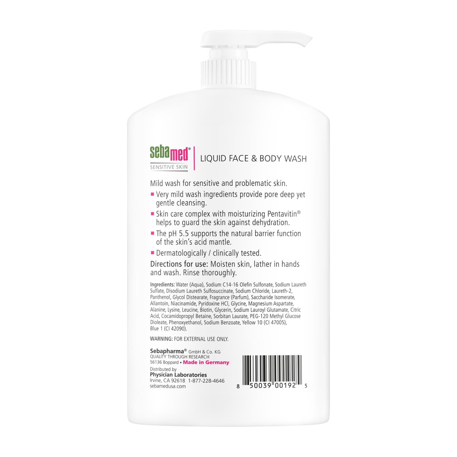 SEBAMED Liquid Face & Body Wash ingredients close-up with Allantoin and Pentavitin for moisture