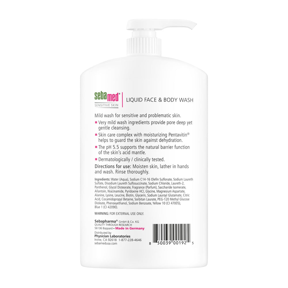 SEBAMED Liquid Face & Body Wash ingredients close-up with Allantoin and Pentavitin for moisture