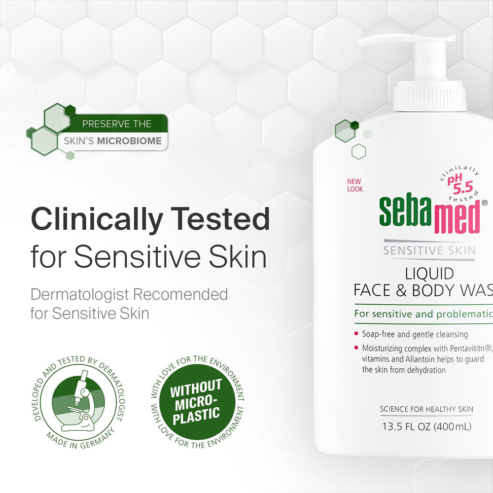 SEBAMED usage scene hints at everyday skincare routine.