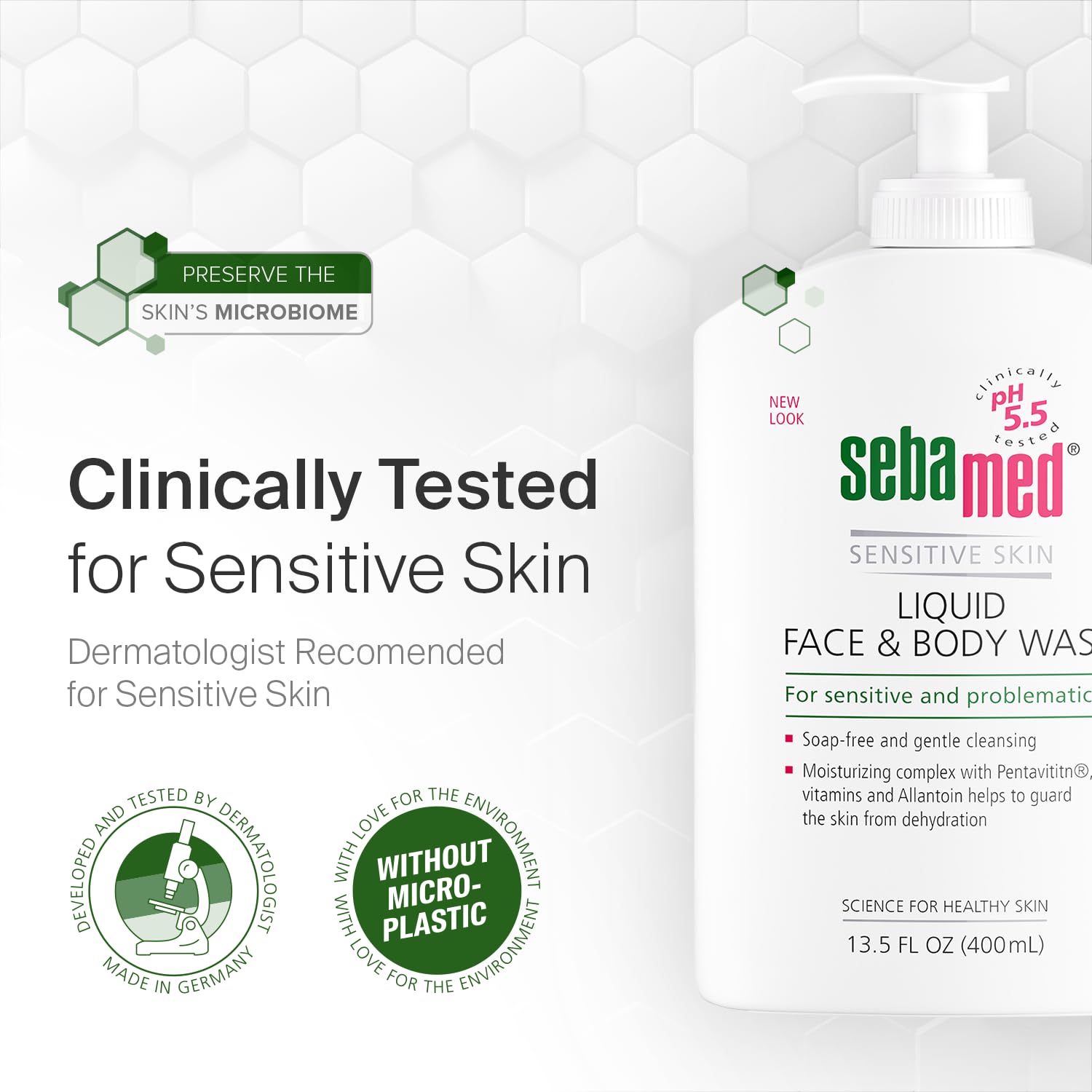 SEBAMED liquid wash with pump shown beside towels suggests clean routine for sensitive skin