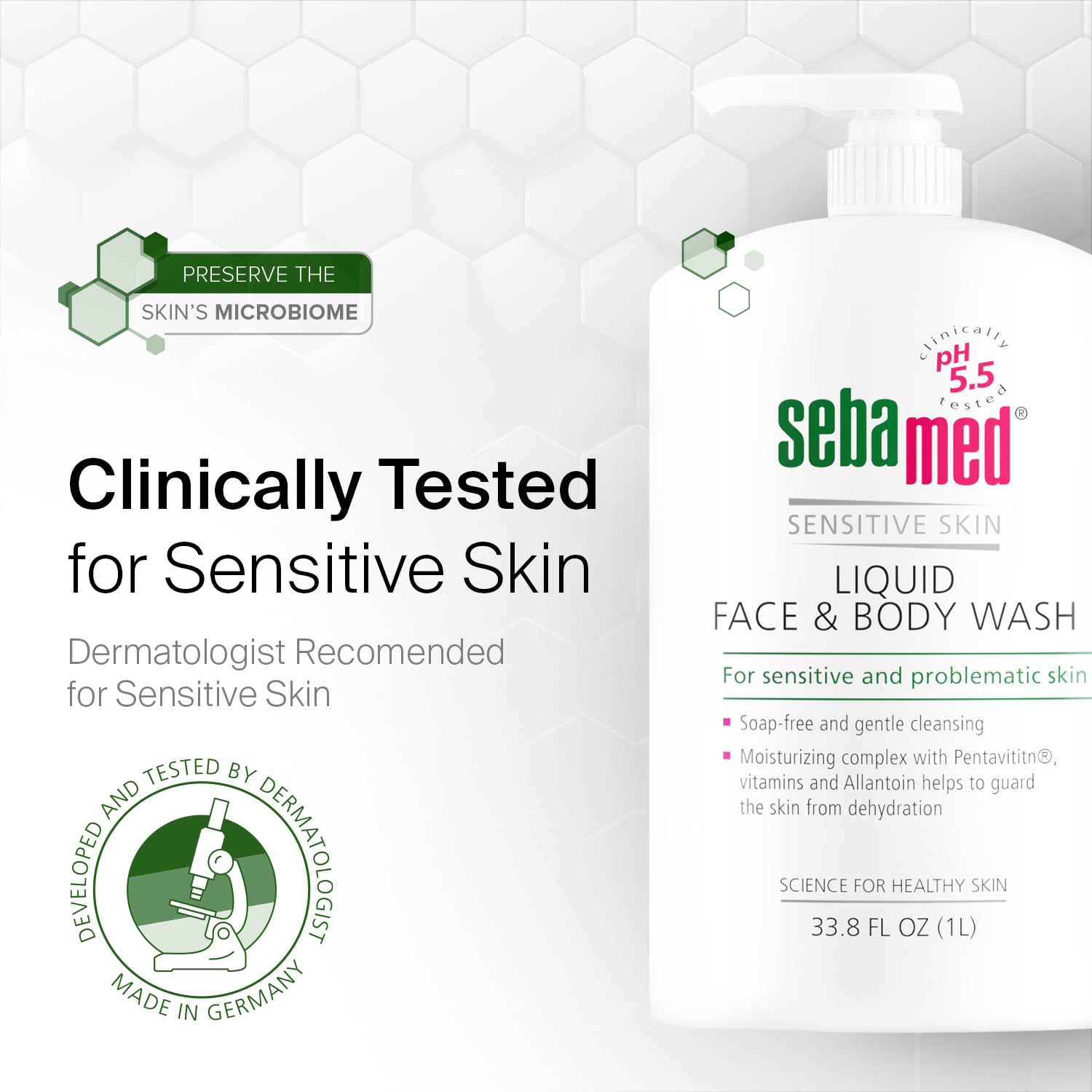 SEBAMED Sensitive Skin Wash bathroom-setup conveys family-friendly, dermatologist-developed care.