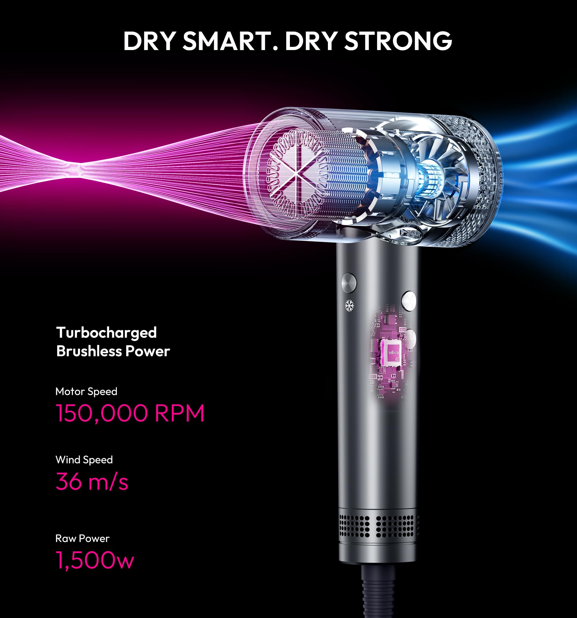 Seboar hair dryer LCD display close-up showing customizable styling settings.