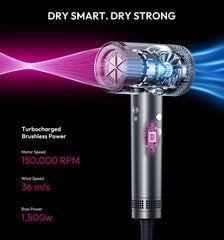 Seboar hair dryer LCD display close-up showing customizable styling settings.
