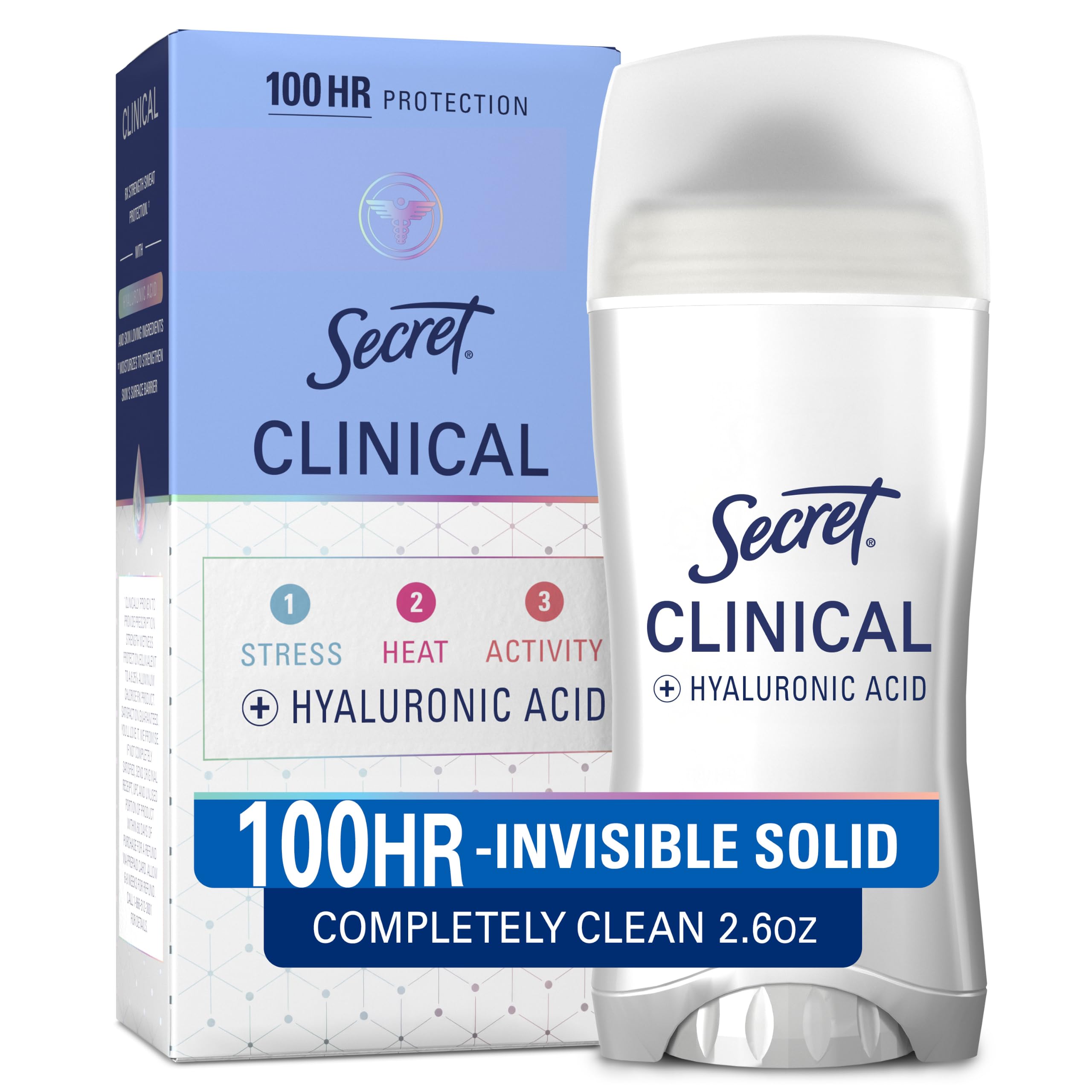 Secret clinical strength front packaging showing brand and invisible solid stick benefit