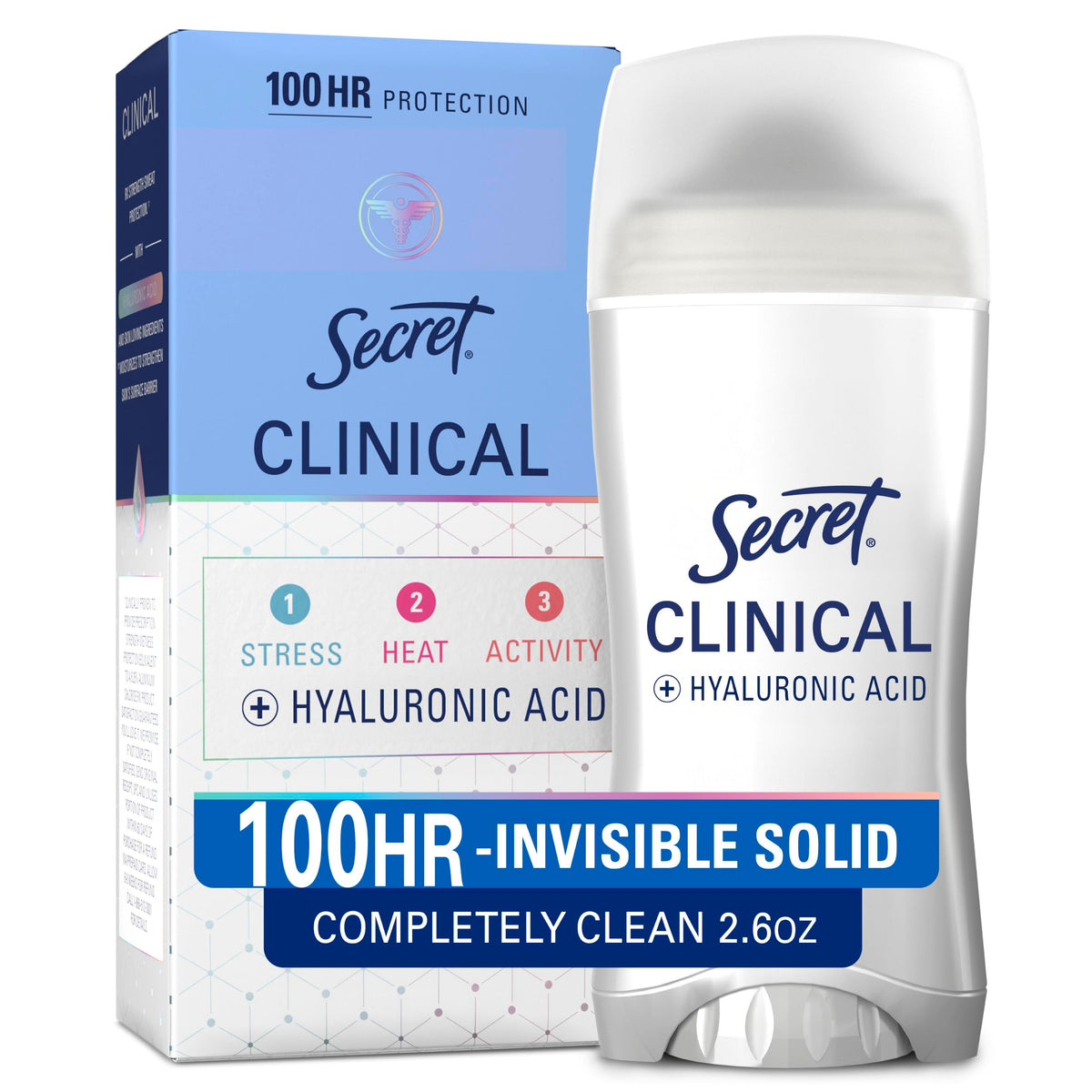 Secret clinical strength front packaging showing brand and invisible solid stick benefit