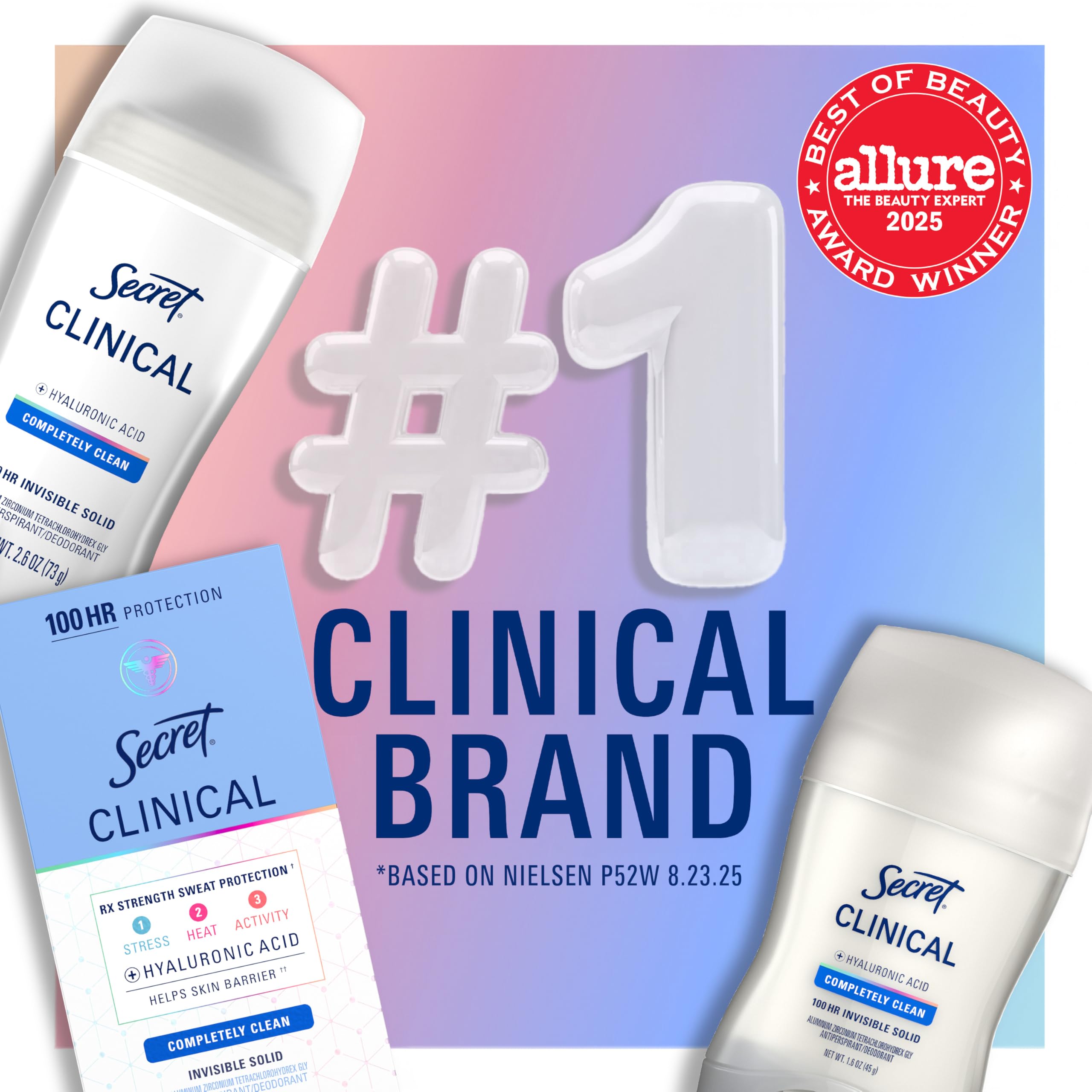 Secret clinical strength ingredients label highlighting hyaluronic acid and gentle care benefit