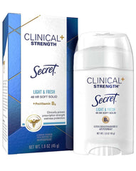 Secret Clinical Strength Soft Solid deodorant, light & fresh scent, delivers up to 48-hour sweat and odor protection.