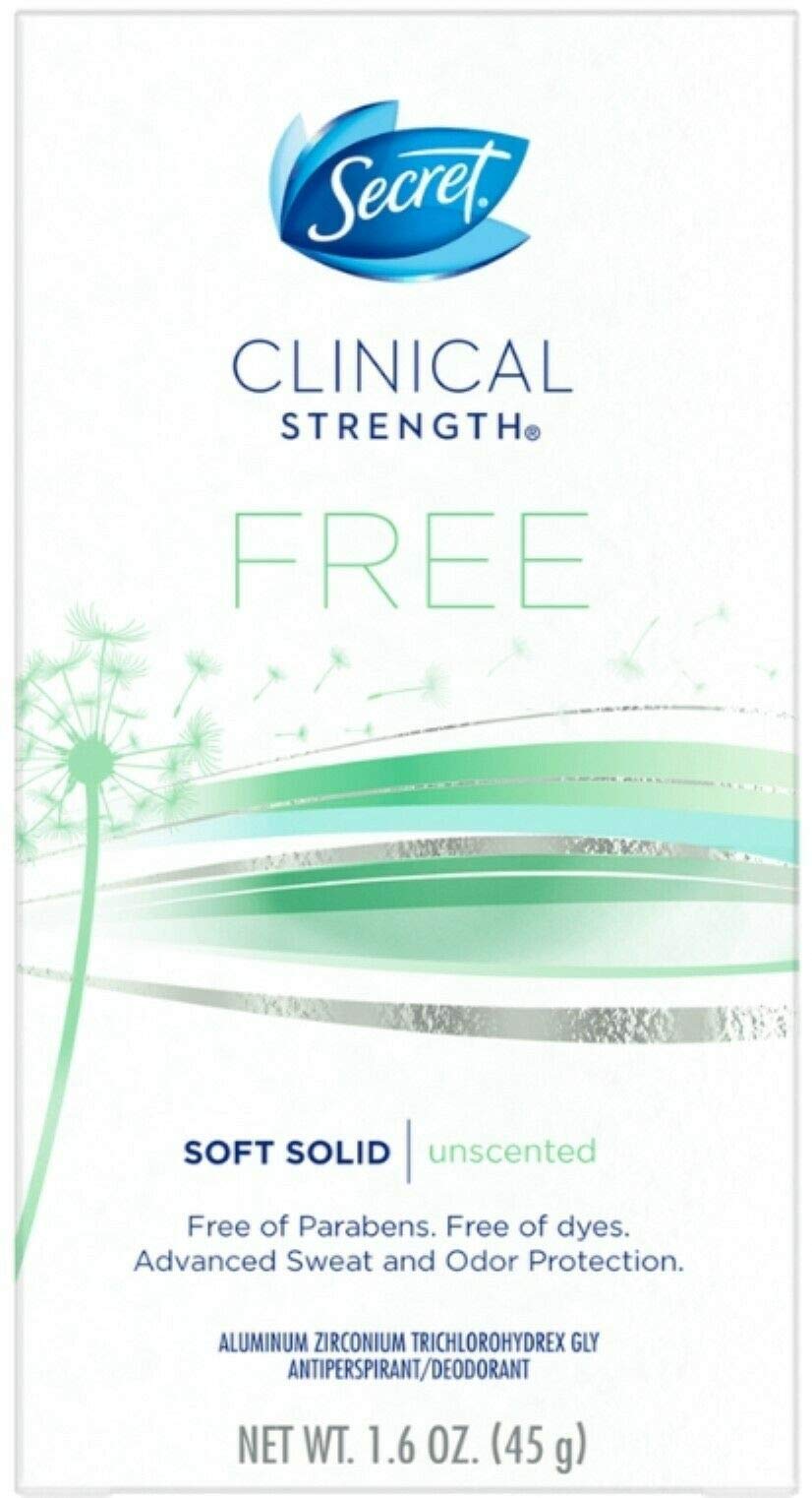 Secret Clinical Strength Soft Solid Sensitive Unscented Deodorant 3-pack bottle delivers gentle odor and sweat protection.