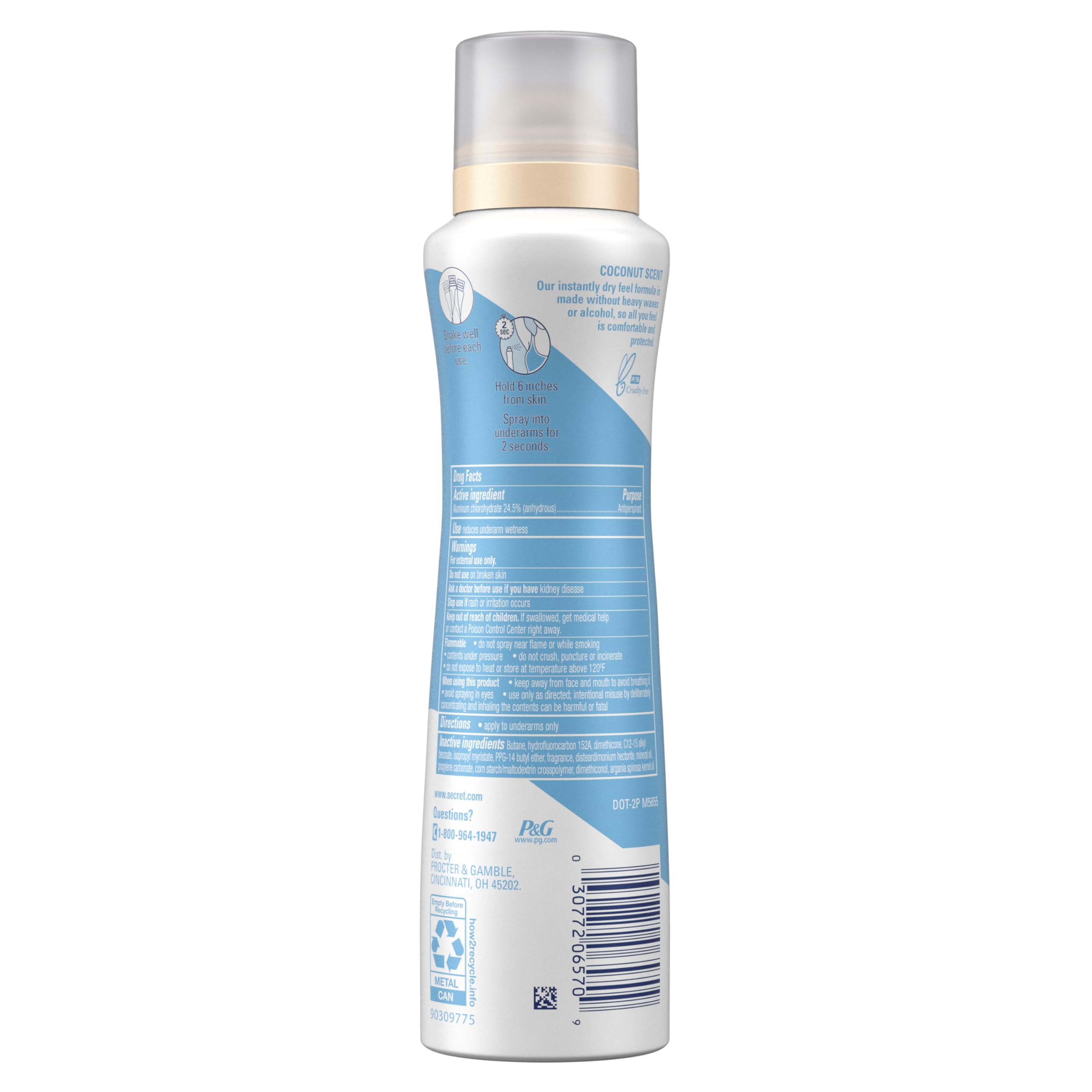 Secret dry spray bottle close-up shows alcohol-free formula.