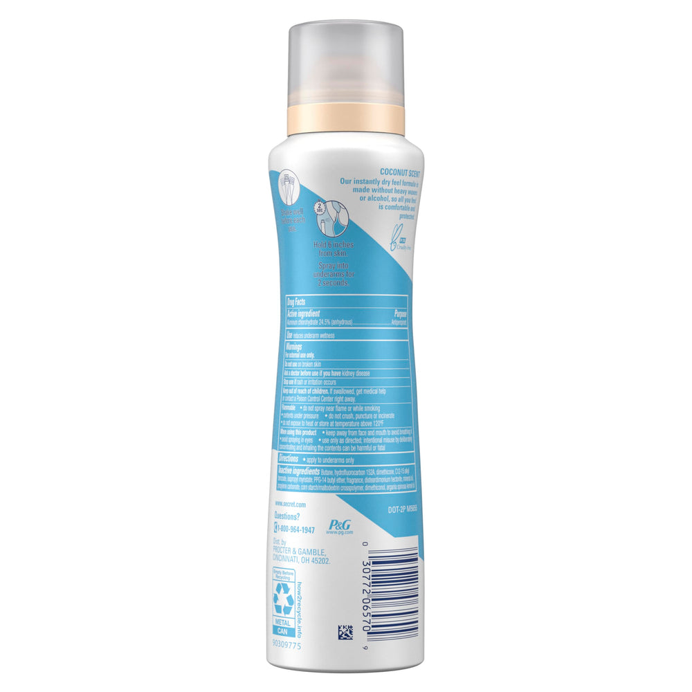 Secret dry spray bottle close-up shows alcohol-free formula.