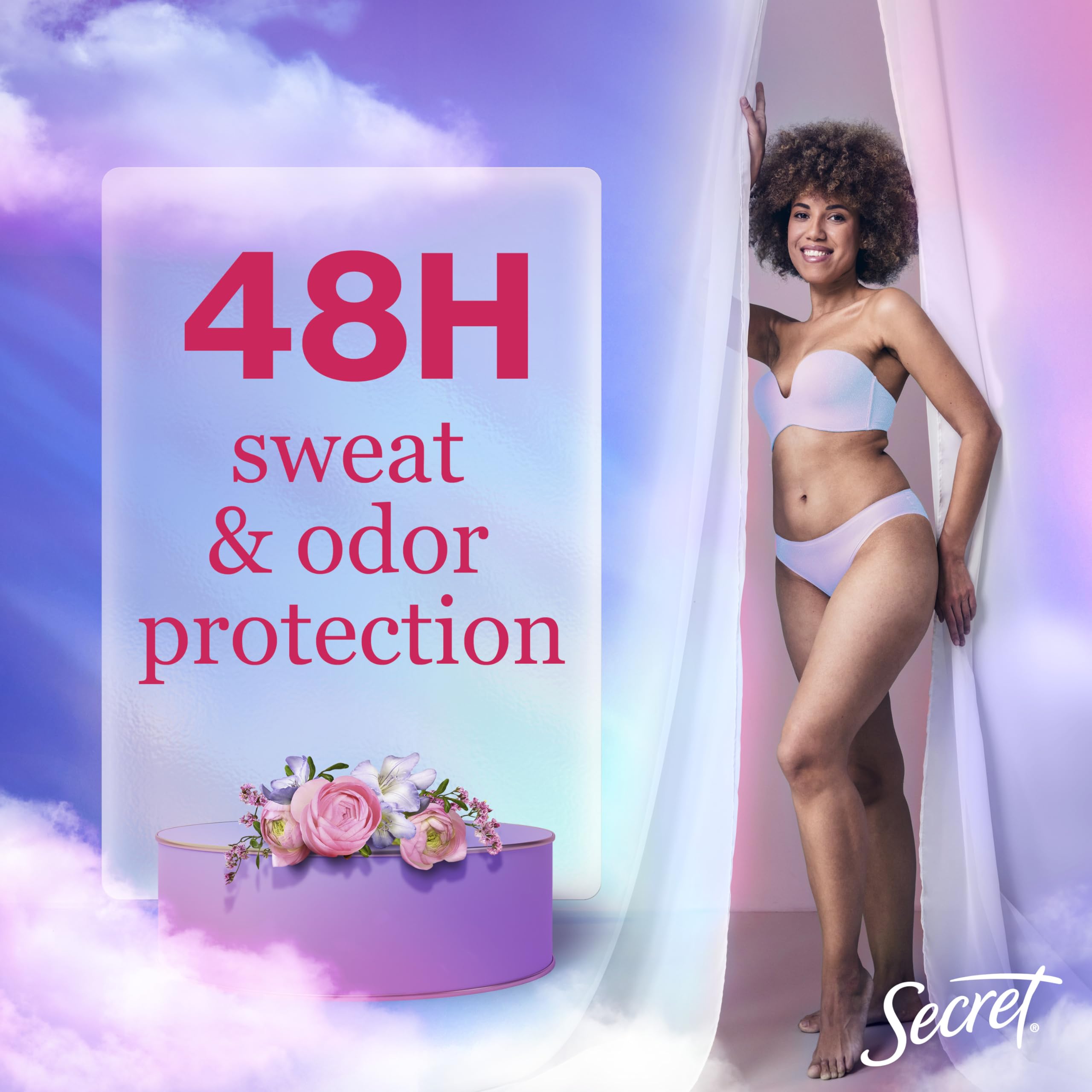 Secret Dry Spray drying action shot emphasizes instant dry finish after application.