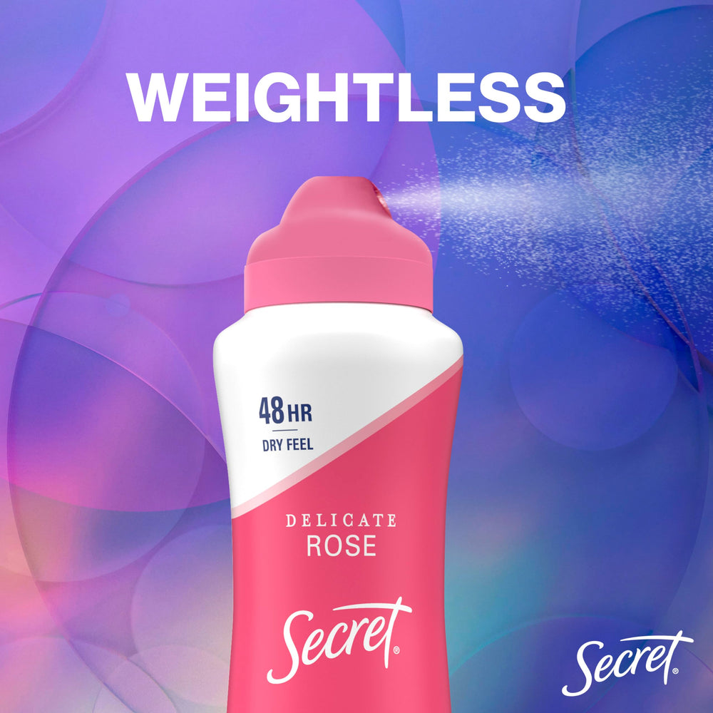 Secret Dry Spray mineral pH balance graphic underscores skin-friendly minerals.