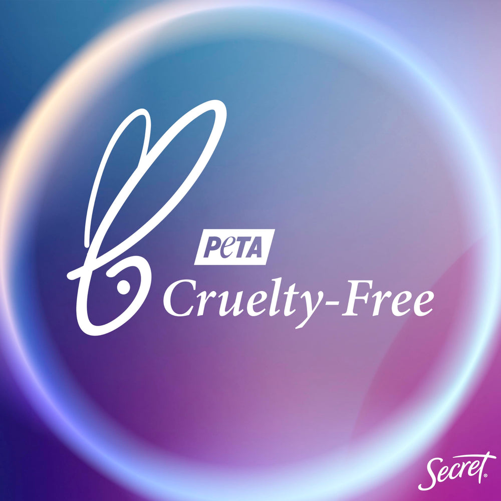 Secret Dry Spray skin-friendly texture closeup demonstrates gentle formula for sensitive skin.