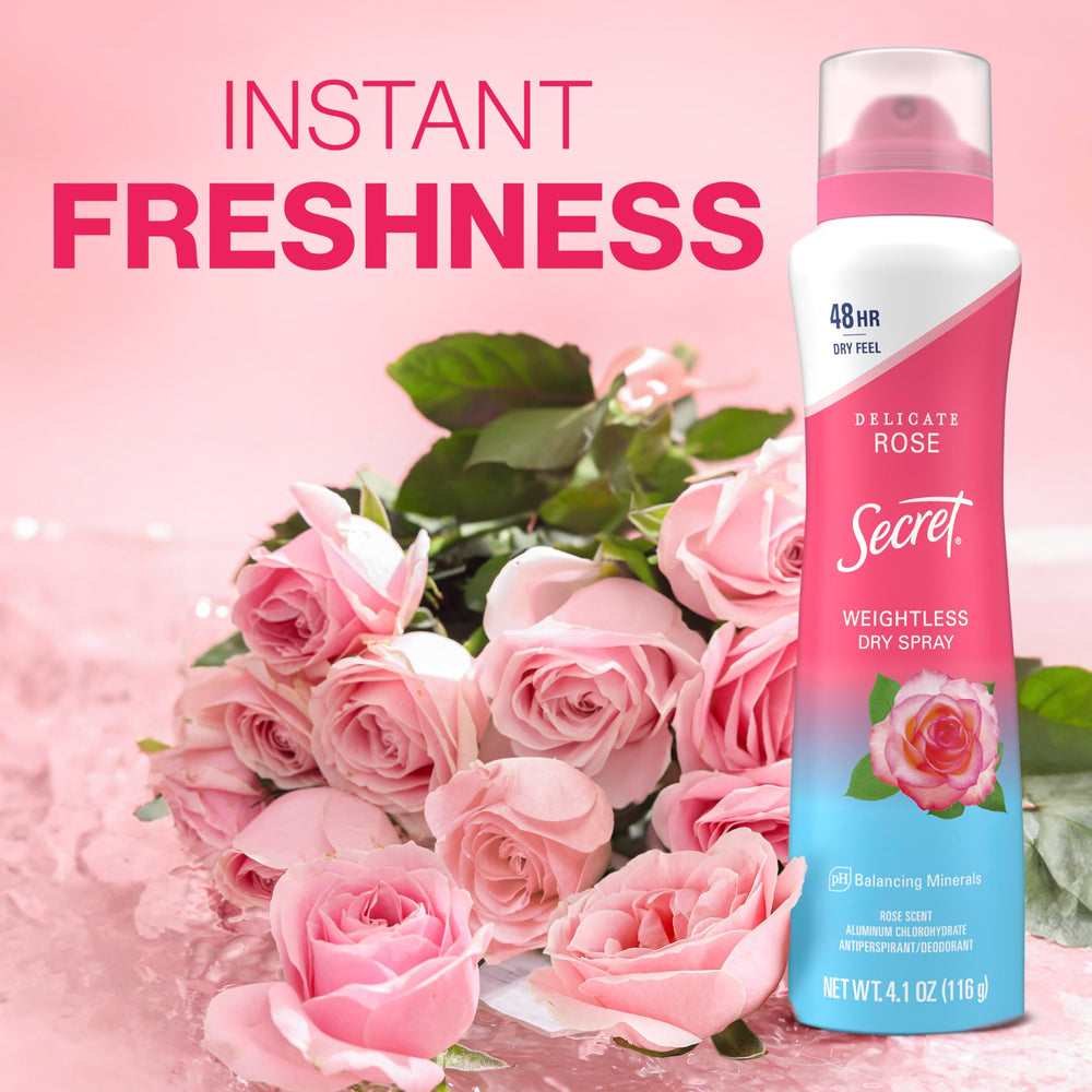 Secret Dry Spray Wild Rose scent close-up for long-lasting freshness.