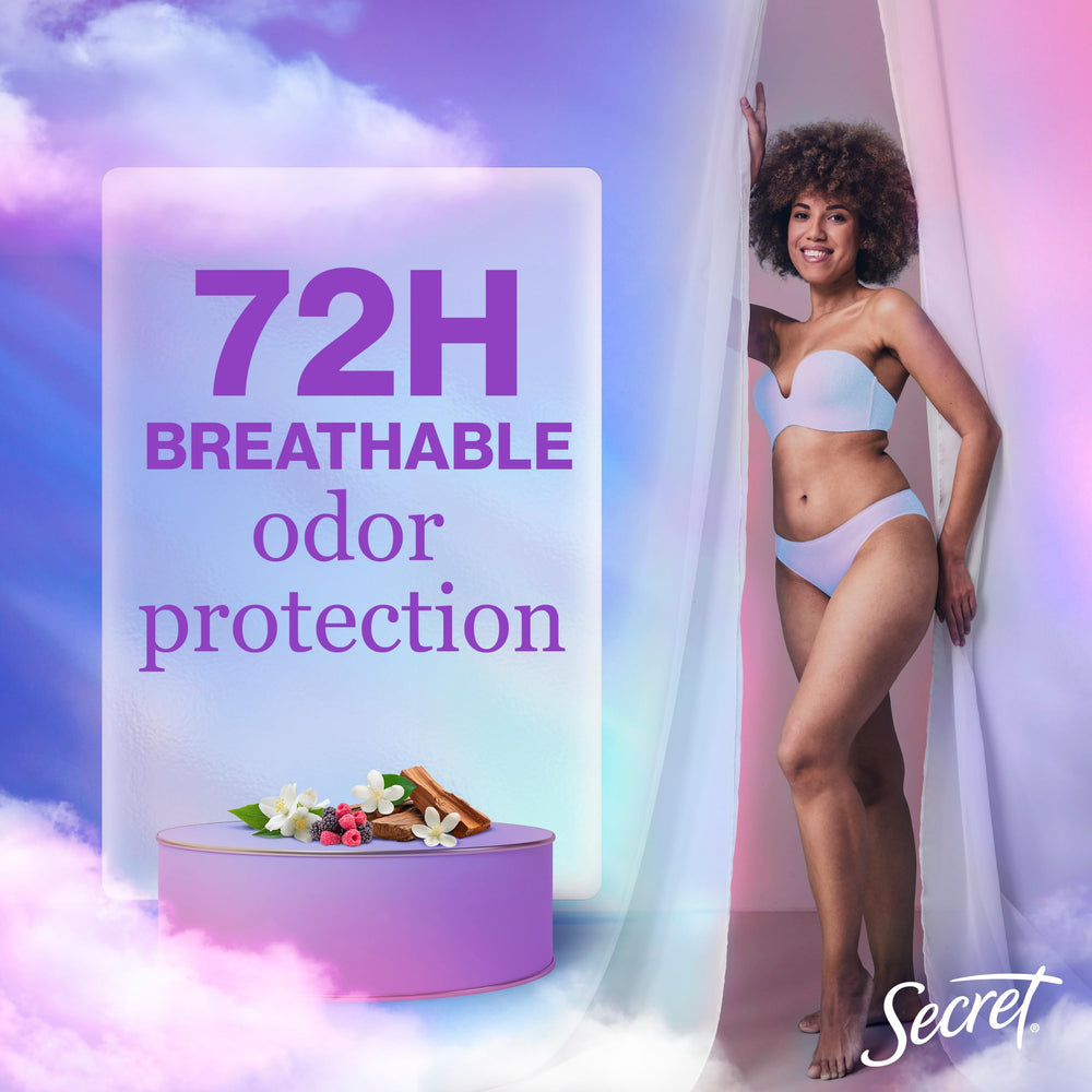 Secret Fresh antiperspirant 72-hour odor protection highlights long-lasting freshness.