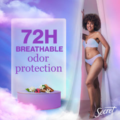 Secret Fresh antiperspirant 72-hour odor protection highlights long-lasting freshness.