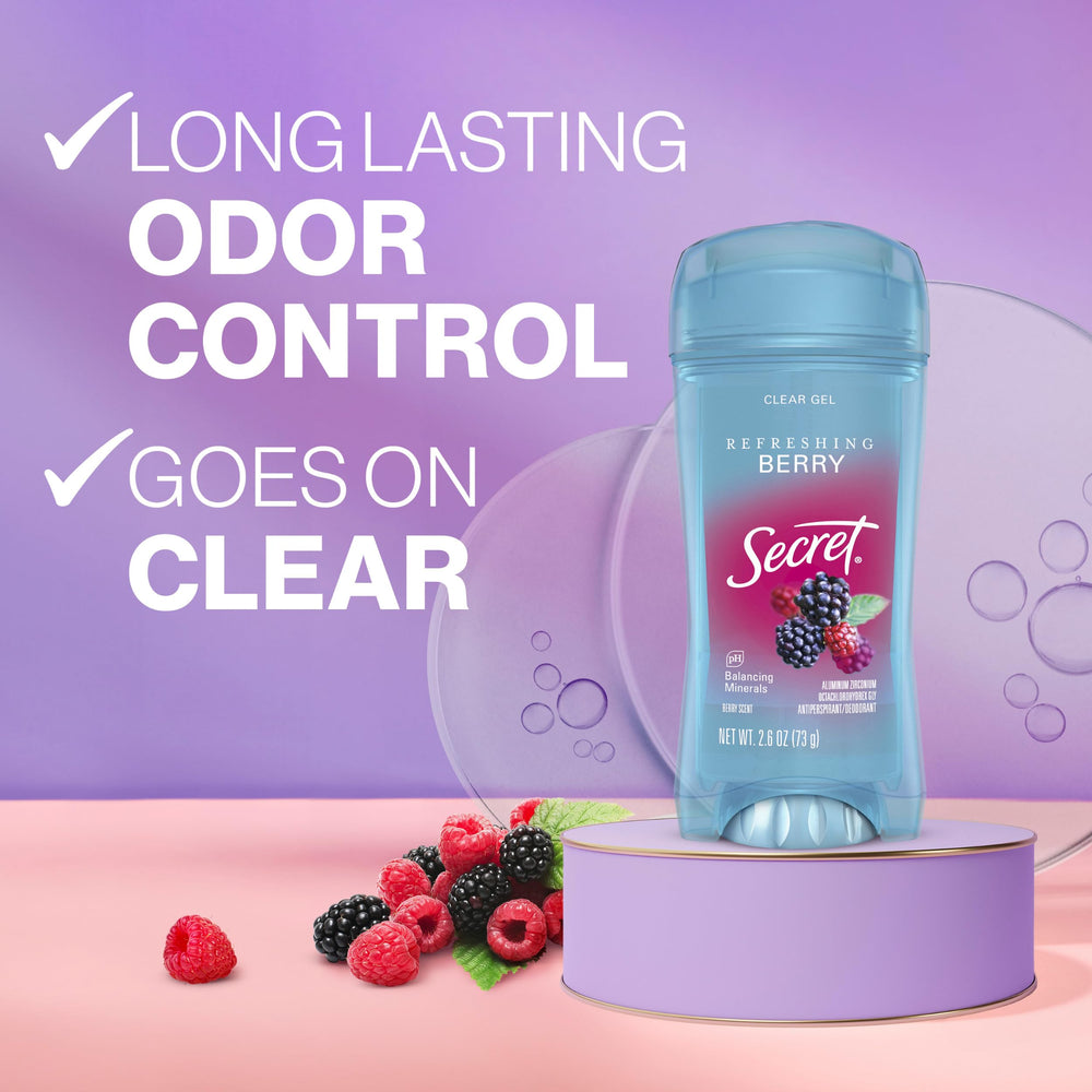 Secret Fresh antiperspirant clear-gel application demonstrates fast-dry formula for clothing-safe wear.