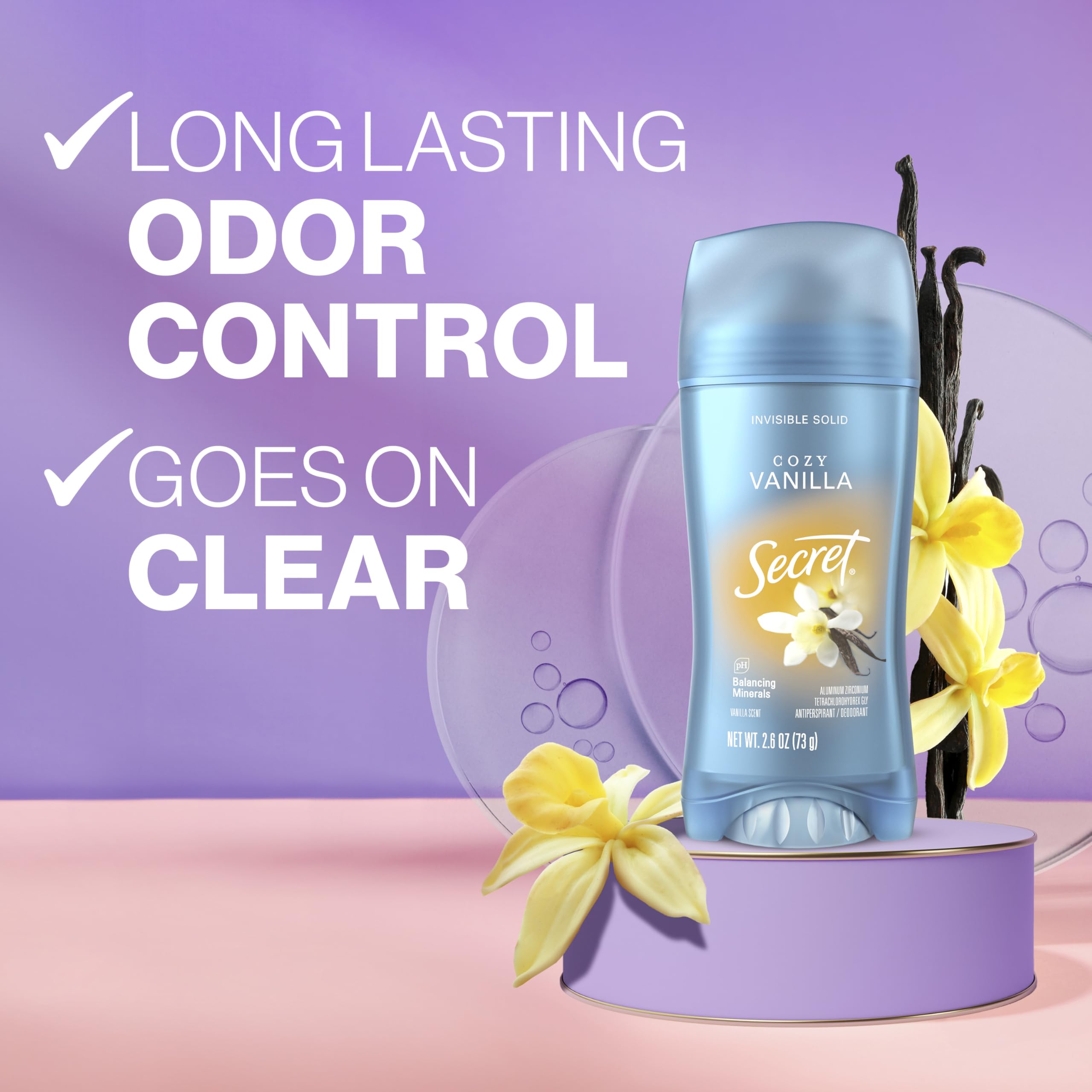 Secret Fresh invisible solid application swipe shown for smooth, mess-free coverage.