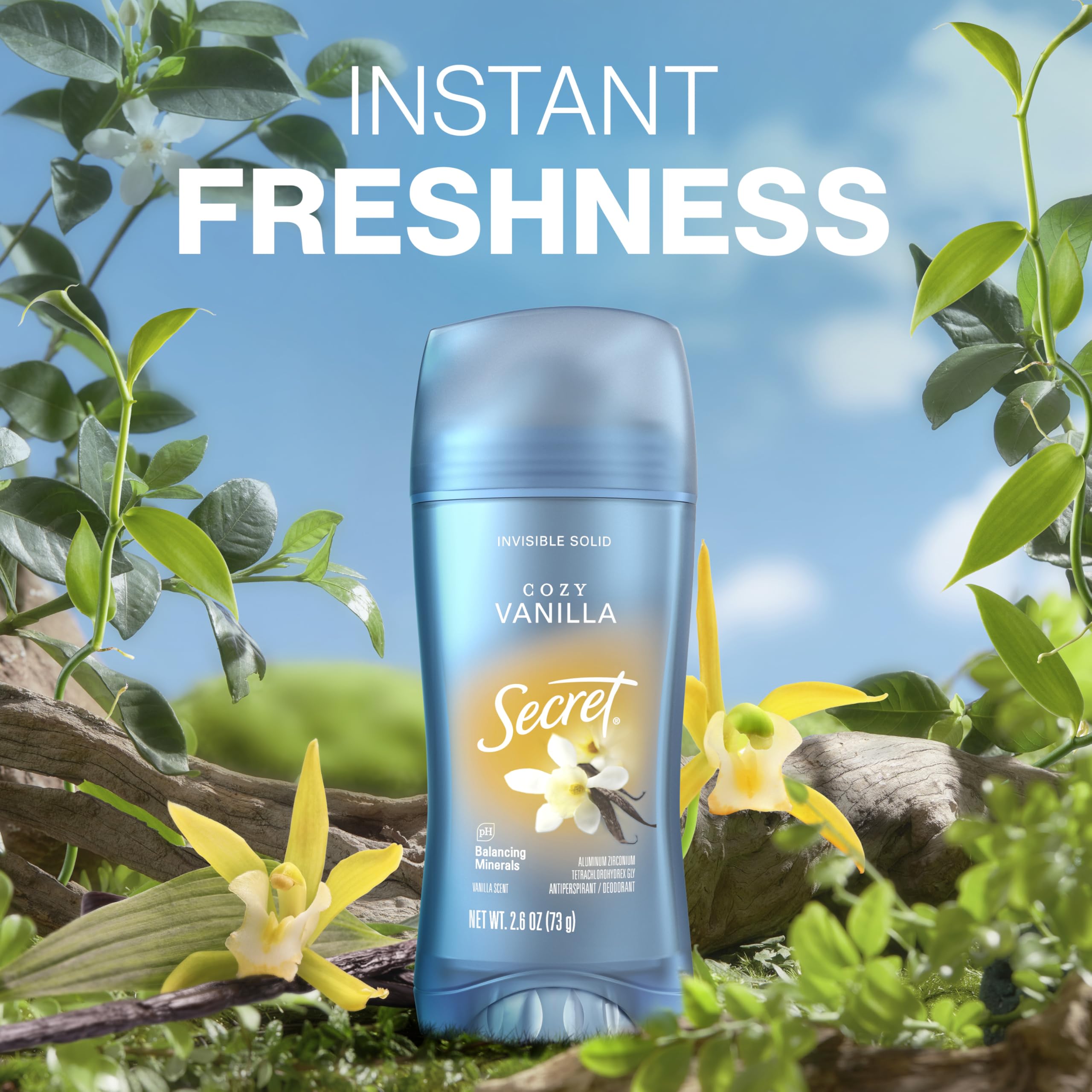 Secret Fresh vanilla-scent bottle highlights pleasant, long-lasting fragrance hint.