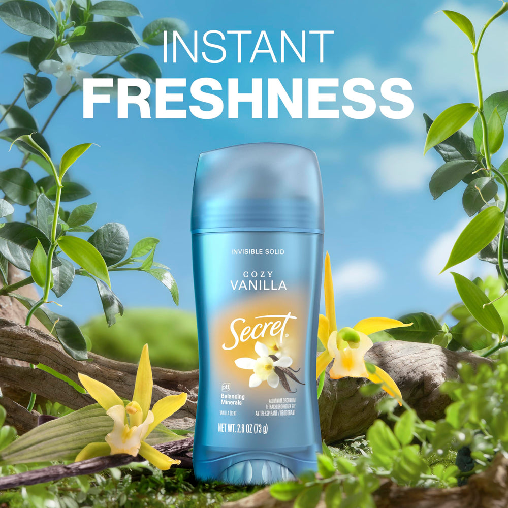 Secret Fresh vanilla-scent bottle highlights pleasant, long-lasting fragrance hint.