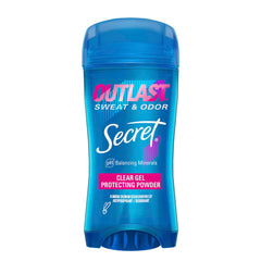 Secret Outlast antiperspirant bottle with clear gel offering all-day sweat protection.